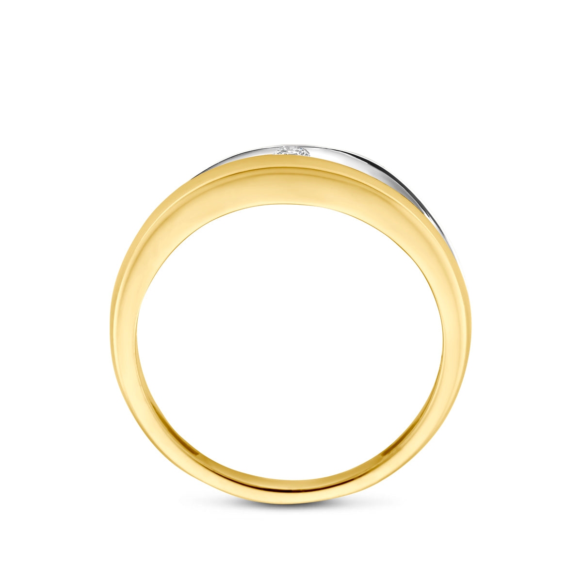 Zijaanzicht van de 'Bivium' ring, dat de 'ingespannen' zetting en de twee gouden banen toont.