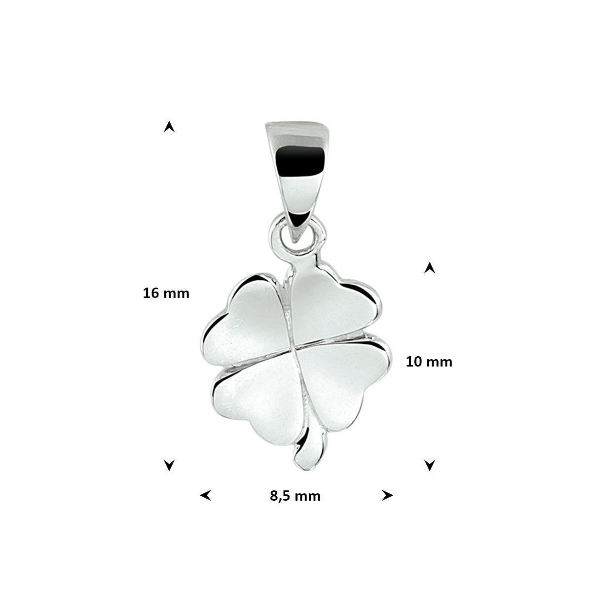 De zilveren 'Feli' hanger met de exacte afmetingen erbij.