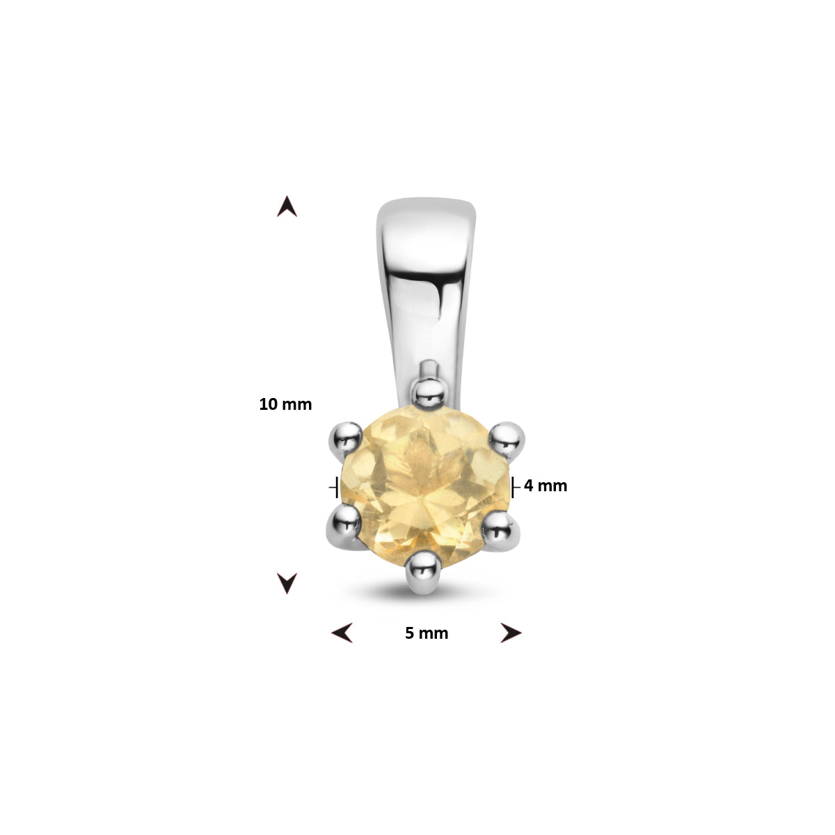 Technische weergave formaat: zilveren hanger 10mm hoog met 4mm gele steen.