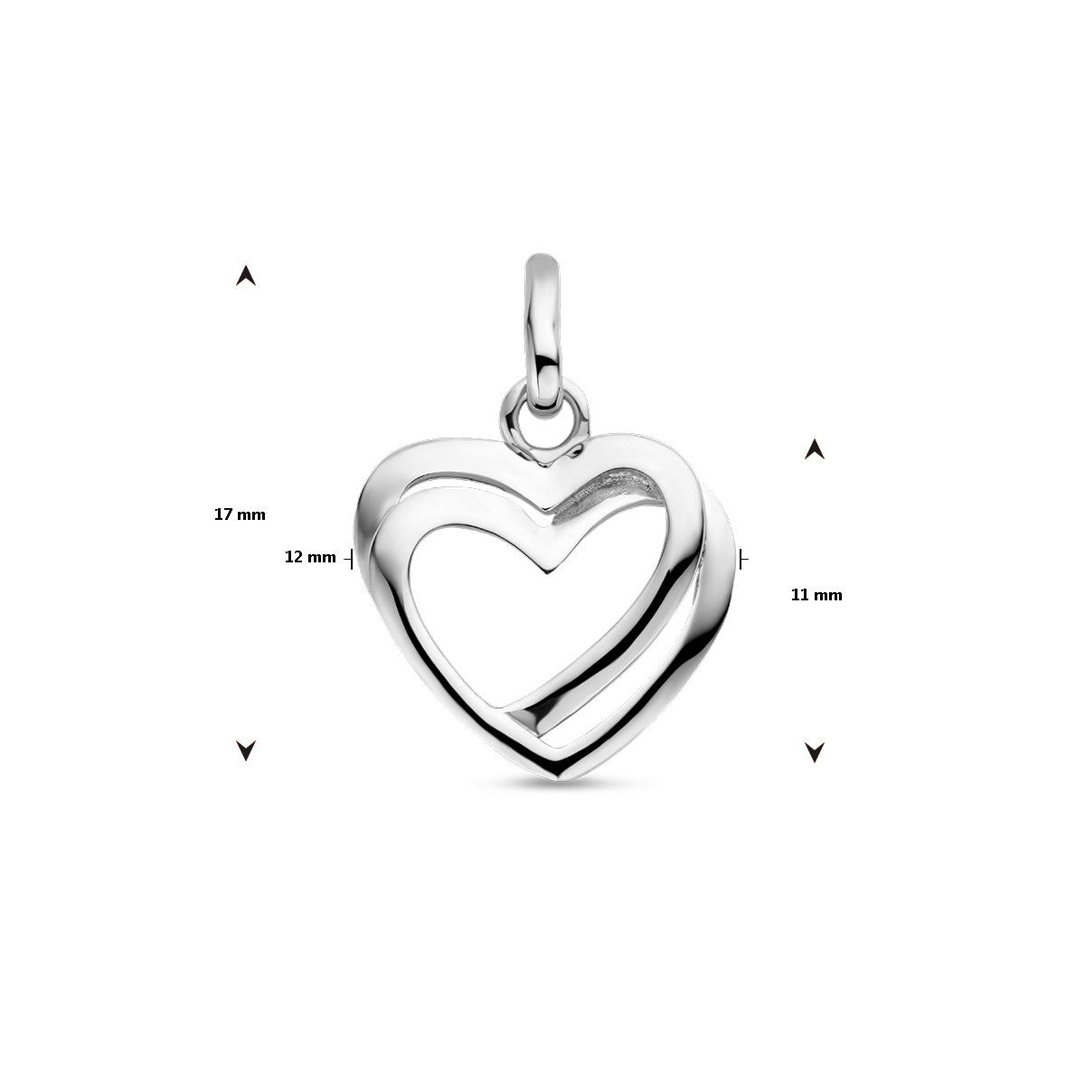 Vooraanzicht van de zilveren hanger Zoë glad met maatvoering in millimeters.