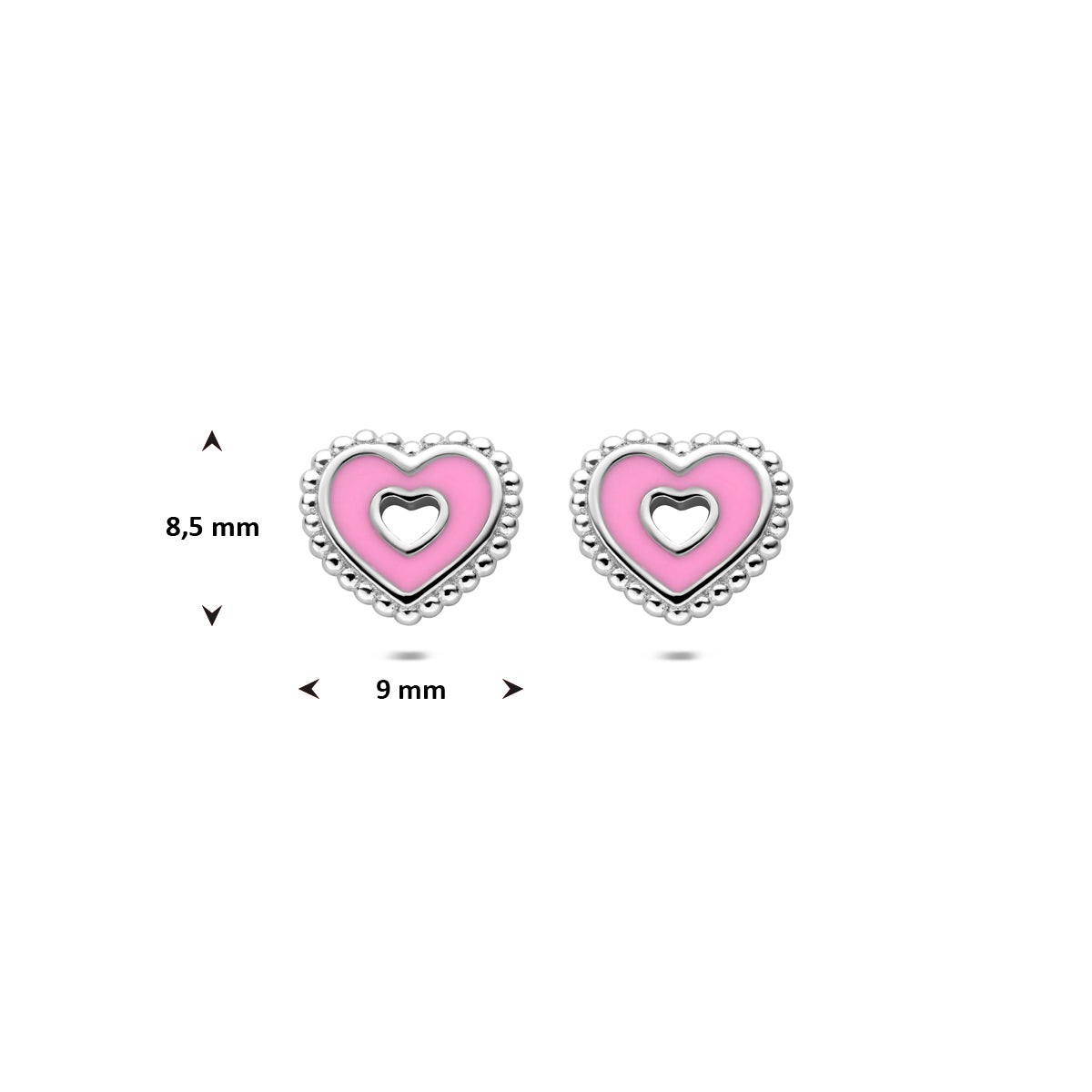 Vooraanzicht met afmetingen van de oorknoppen 8.5mm hoog en 9mm breed.