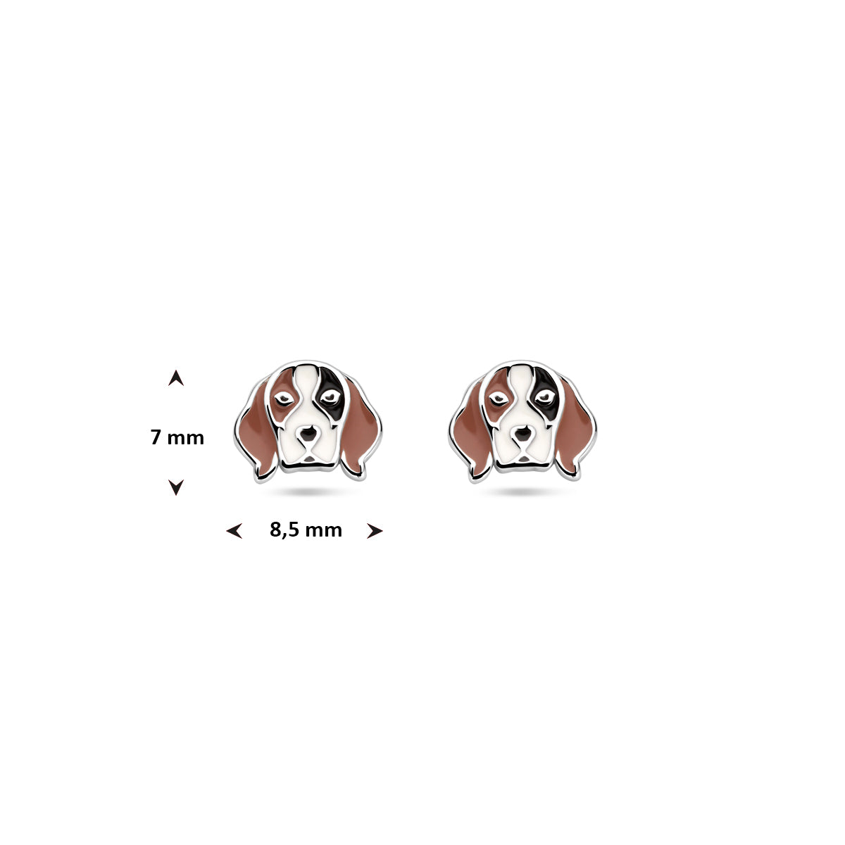 Vooraanzicht met afmetingen van de oorknoppen 7mm hoog en 8.5mm breed.