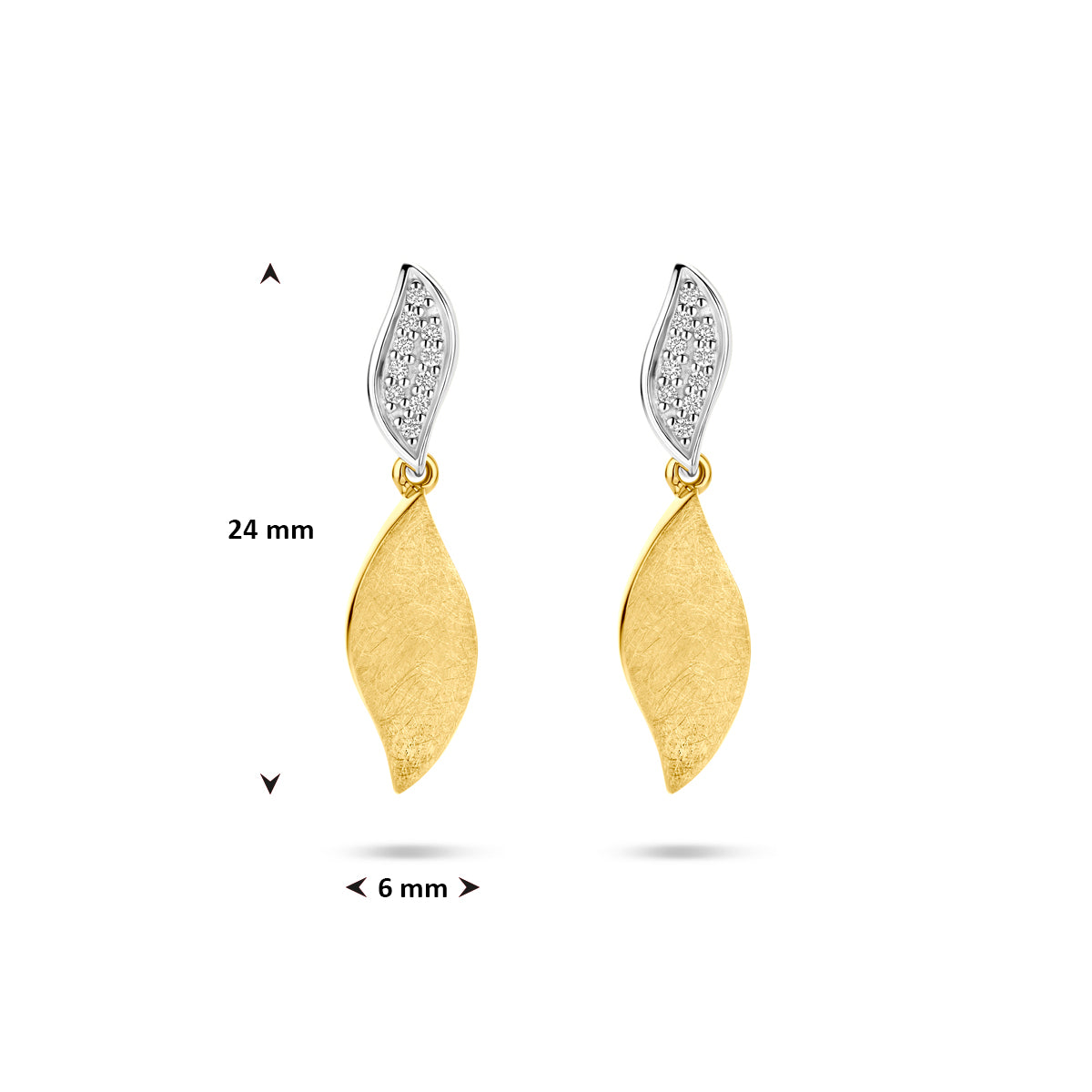 Technische afbeelding van de 'Stria' oorhangers met de afmetingen (24 x 6 mm).