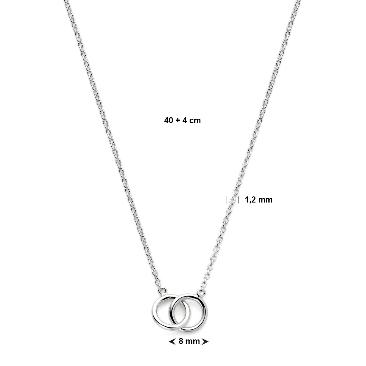 Productafbeelding van de 'Enna' ketting met technische weergave van de 8 mm hoogte van de cirkels.