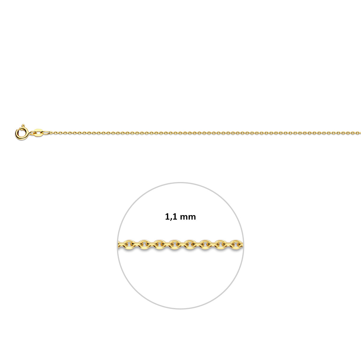 De geelgouden basisketting van 1,1 mm, beschikbaar in kindermaten en volwassen lengtes. Op de foto is ook de breedte van het sieraad te zien.