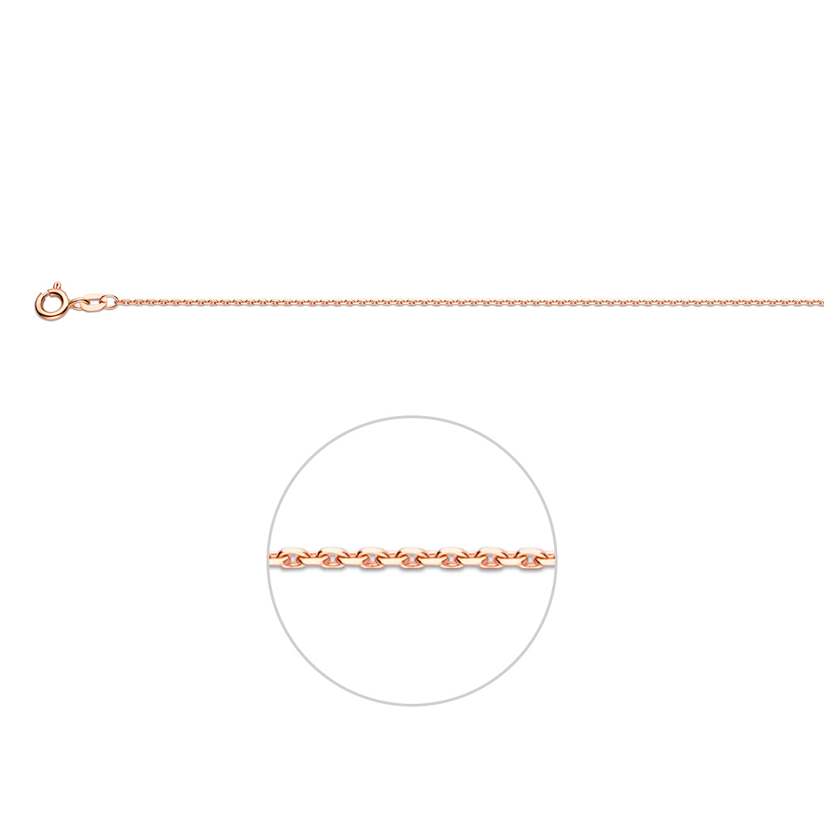 Detail van de luxe geslepen facetten van de 14 karaat roségouden 1,1 mm halsketting.
