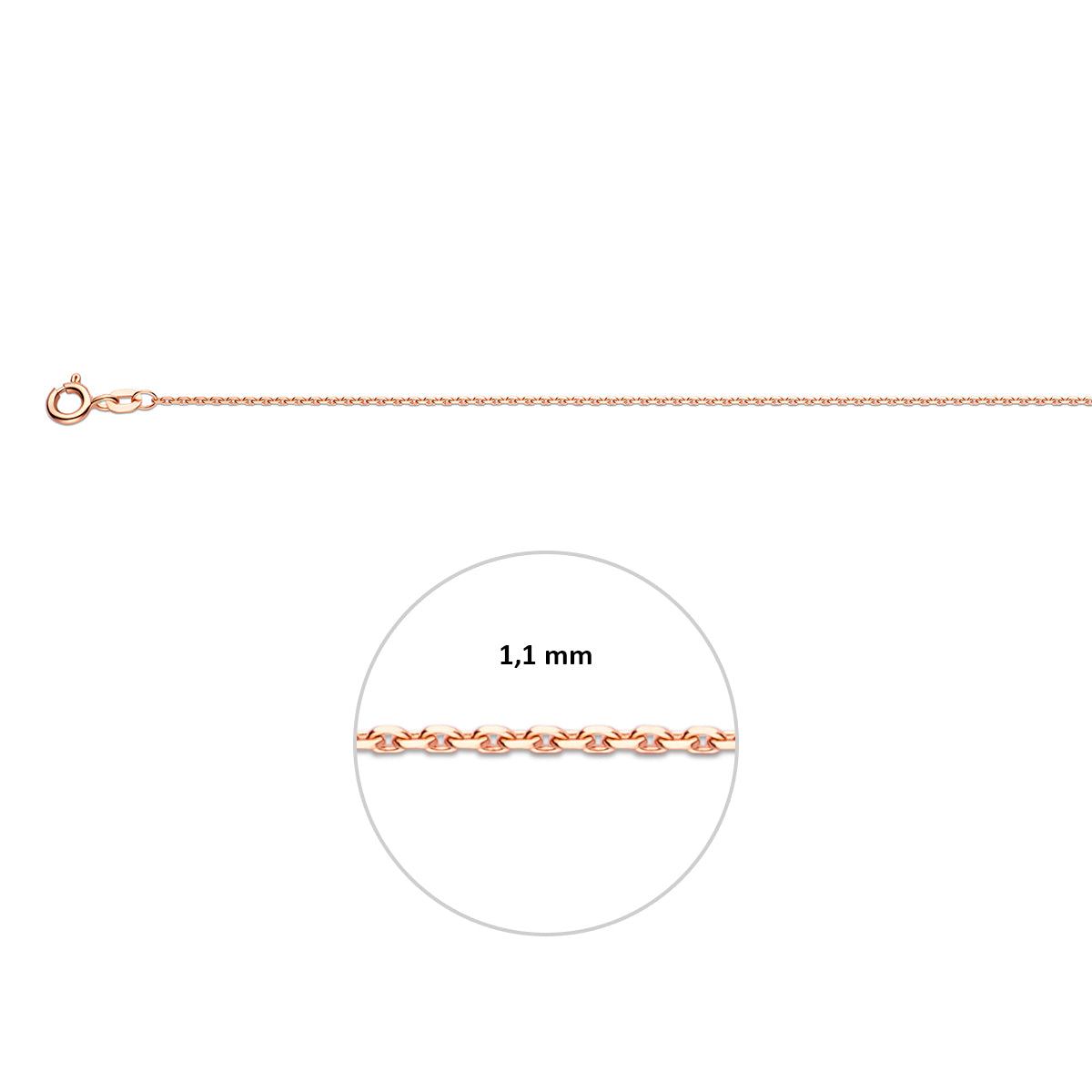 Het roségouden basiscollier met de maatvoering van 1,1 mm er bij vermeld.