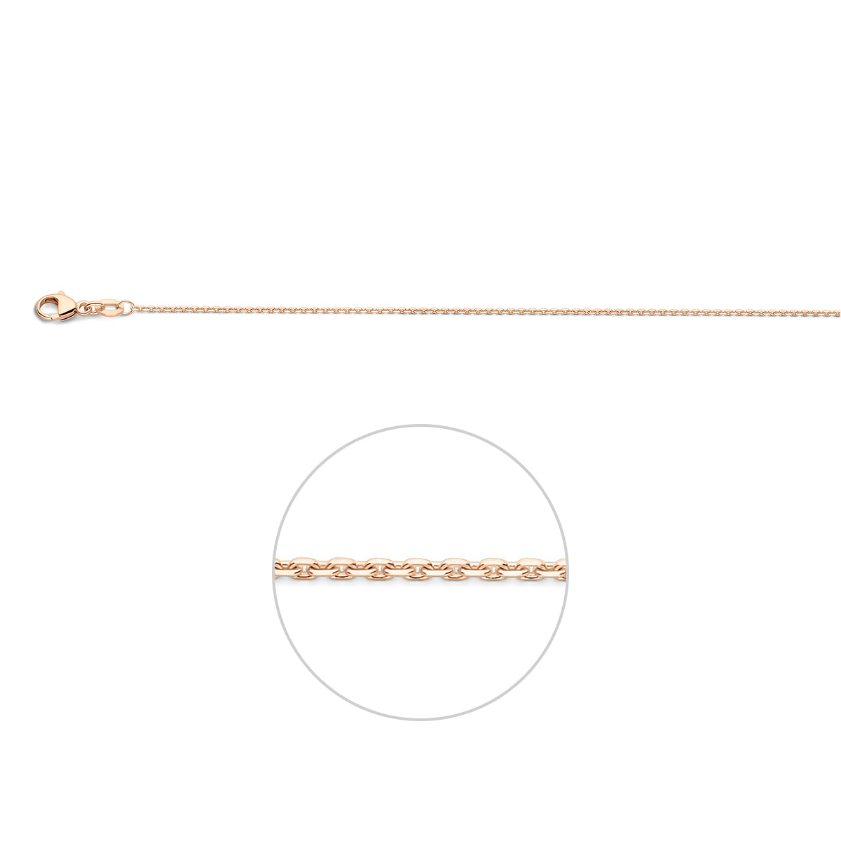 Detail van de luxe 18 karaat roségouden facetten van de 1,1 mm anker halsketting.