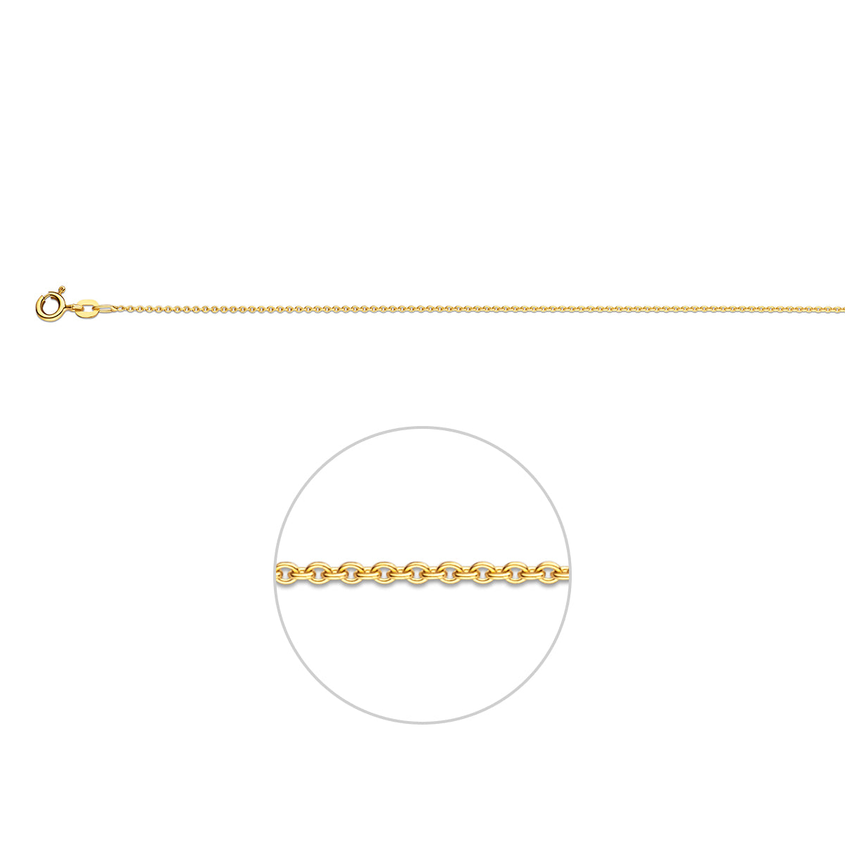 Detail van de warme 1,1 mm ronde geelgouden ankerschakels in 14 karaat.