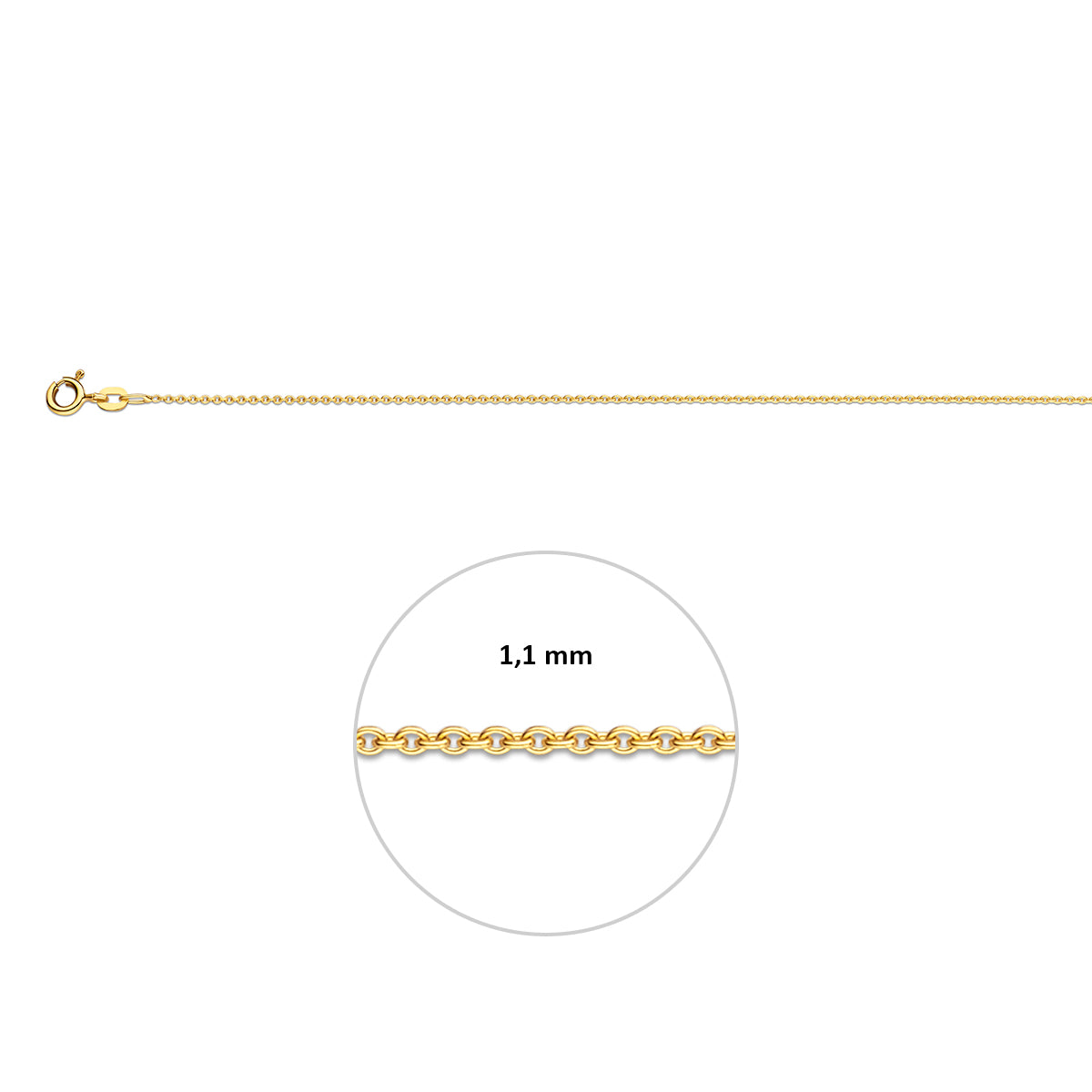 Close-up van de gepolijste afwerking van de 1,1 mm gouden halsketting en de maatvoering van de breedte visueel zichtbaar.
