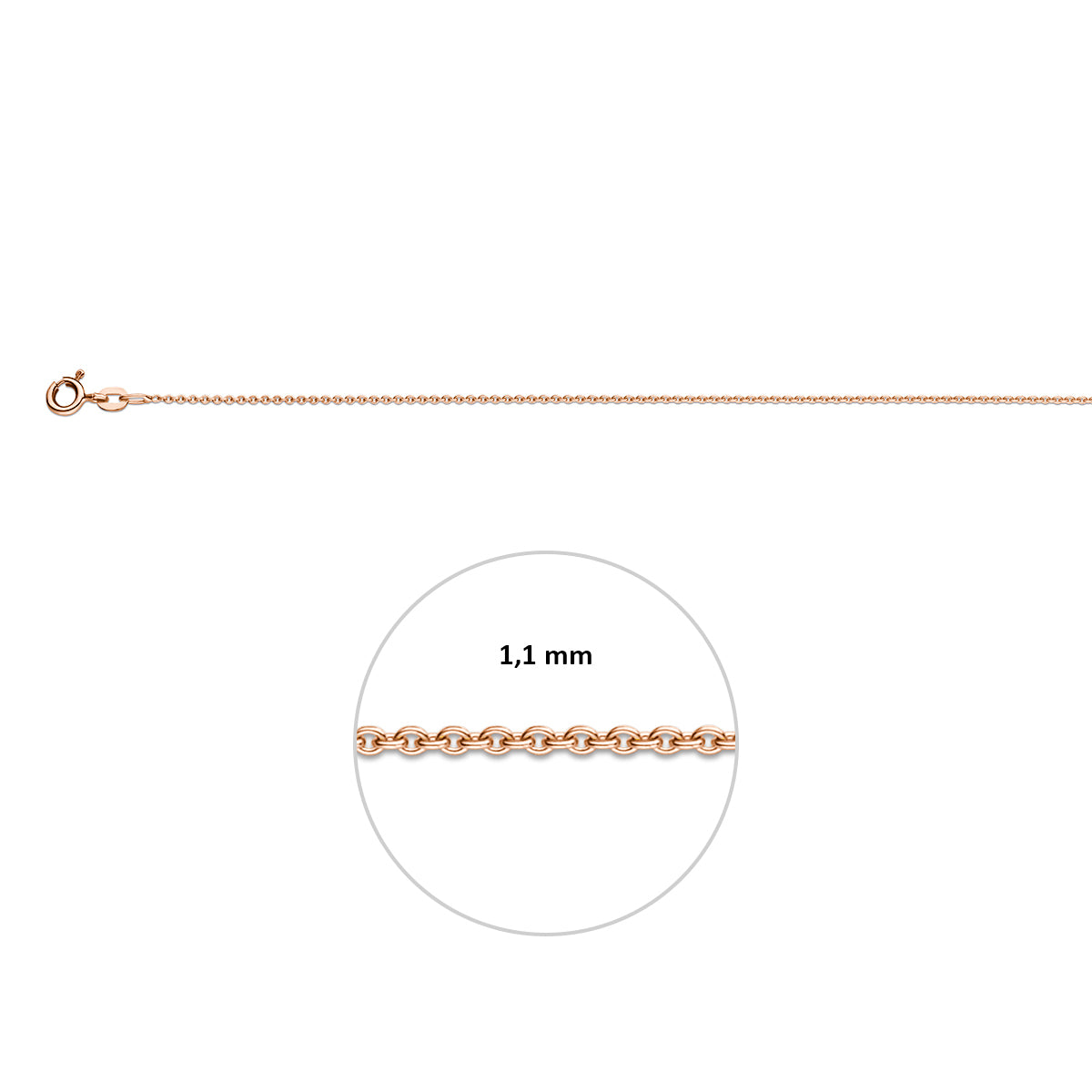 De roségouden 1,1 mm basisketting de breedte aangegeven.