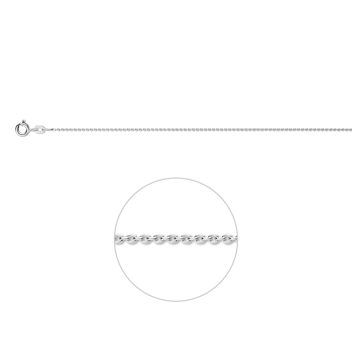 De witgouden 1,1 mm basisketting waarin het schakeltype te zien is.