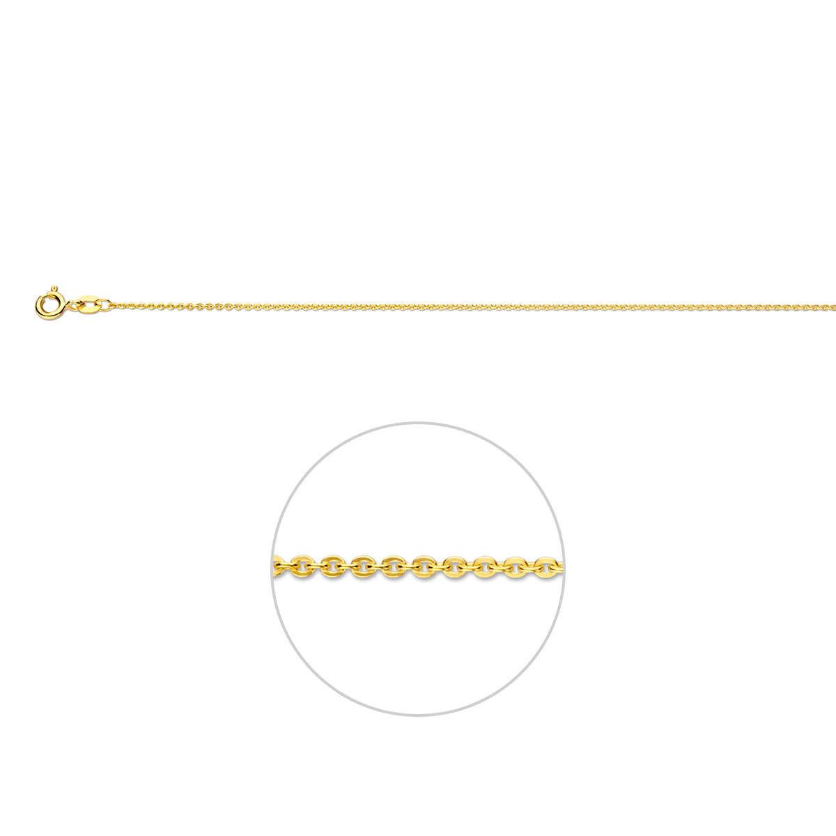 Foto van de veerringsluiting van de 1,2 mm 18 karaat gouden halsketting.