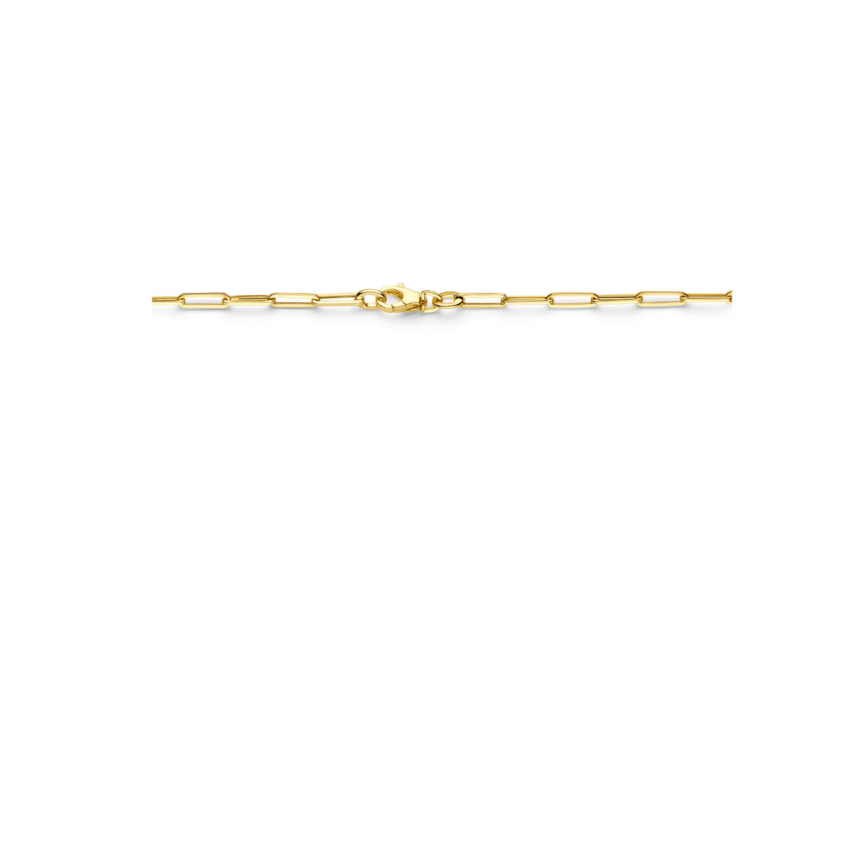 Detailfoto van de stevige gouden karabijnsluiting en de glanzende afwerking van de 'Kate' schakels.