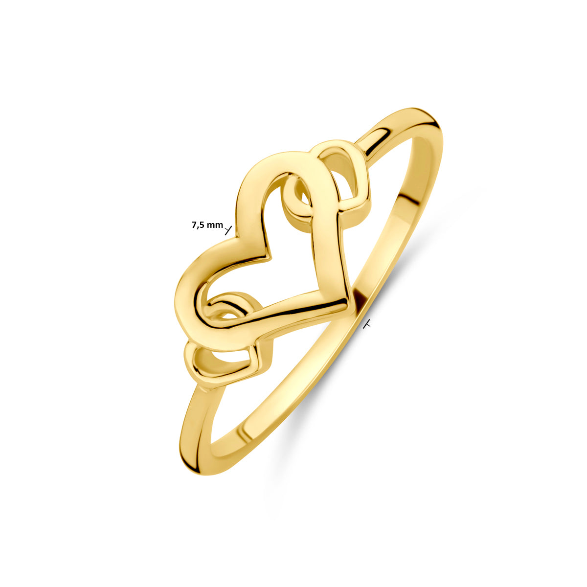 Maatvoering in millimeters van de 14 karaat gouden ring met open hartjes design.