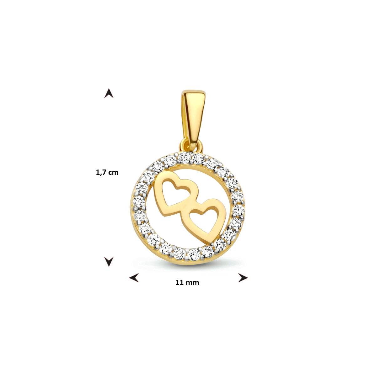 Vooraanzicht van de gouden hanger met maatvoering in millimeters.
