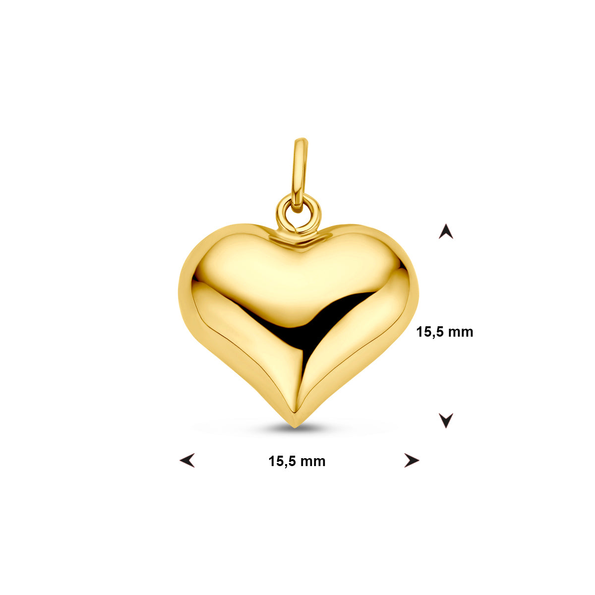Vooraanzicht van de gouden hanger met maatvoering in millimeters.