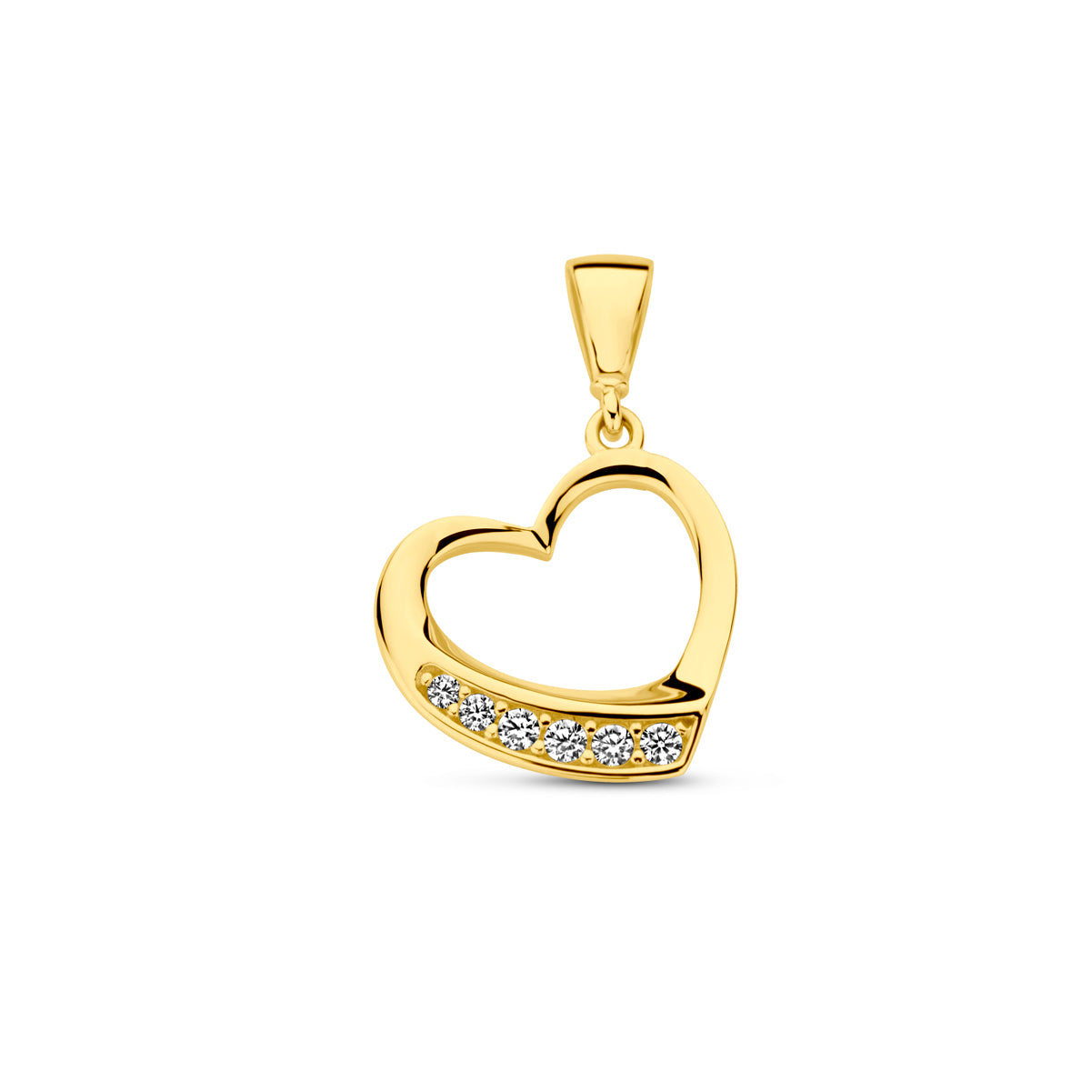 De 'Nina' 14 karaat gouden hanger: een open hartje met een rij zirkonia stenen.
