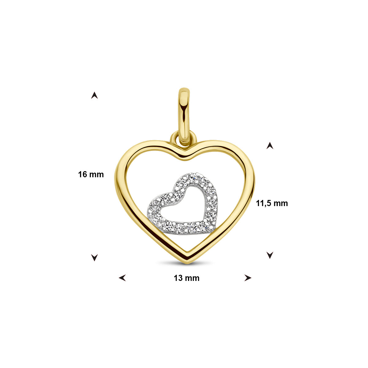 Maatvoering in millimeters van het witgouden binnenhartje met briljant geslepen zirkonia.