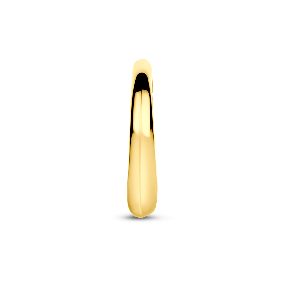 Zijaanzicht van de hanger, focus op de vloeiende lijnen en dikte van het goud.