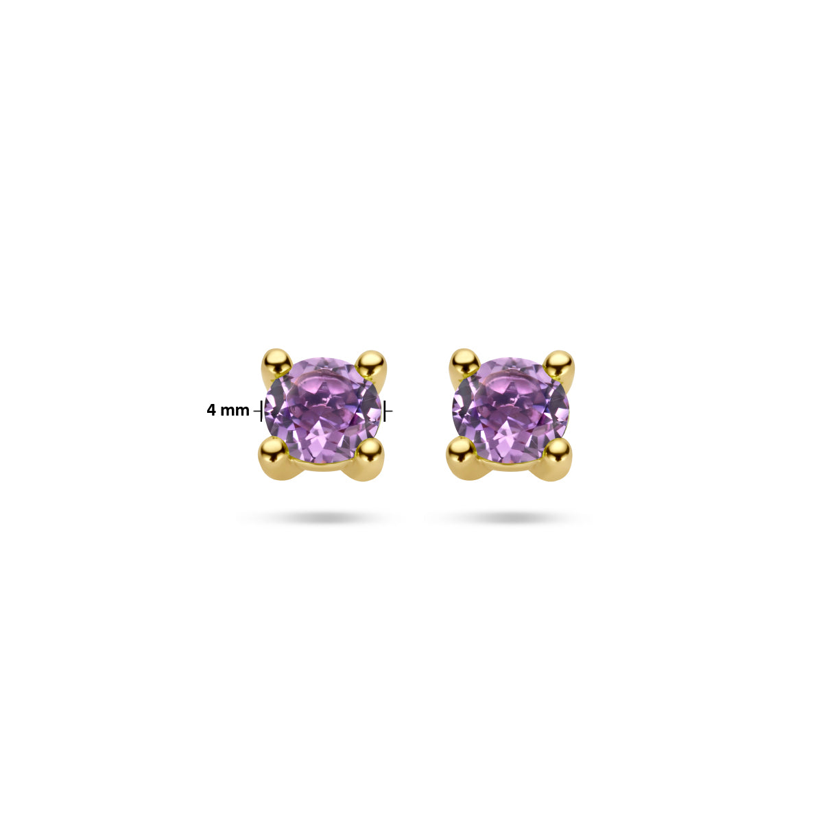Vooraanzicht van de amethist oorknopjes met maatvoering.