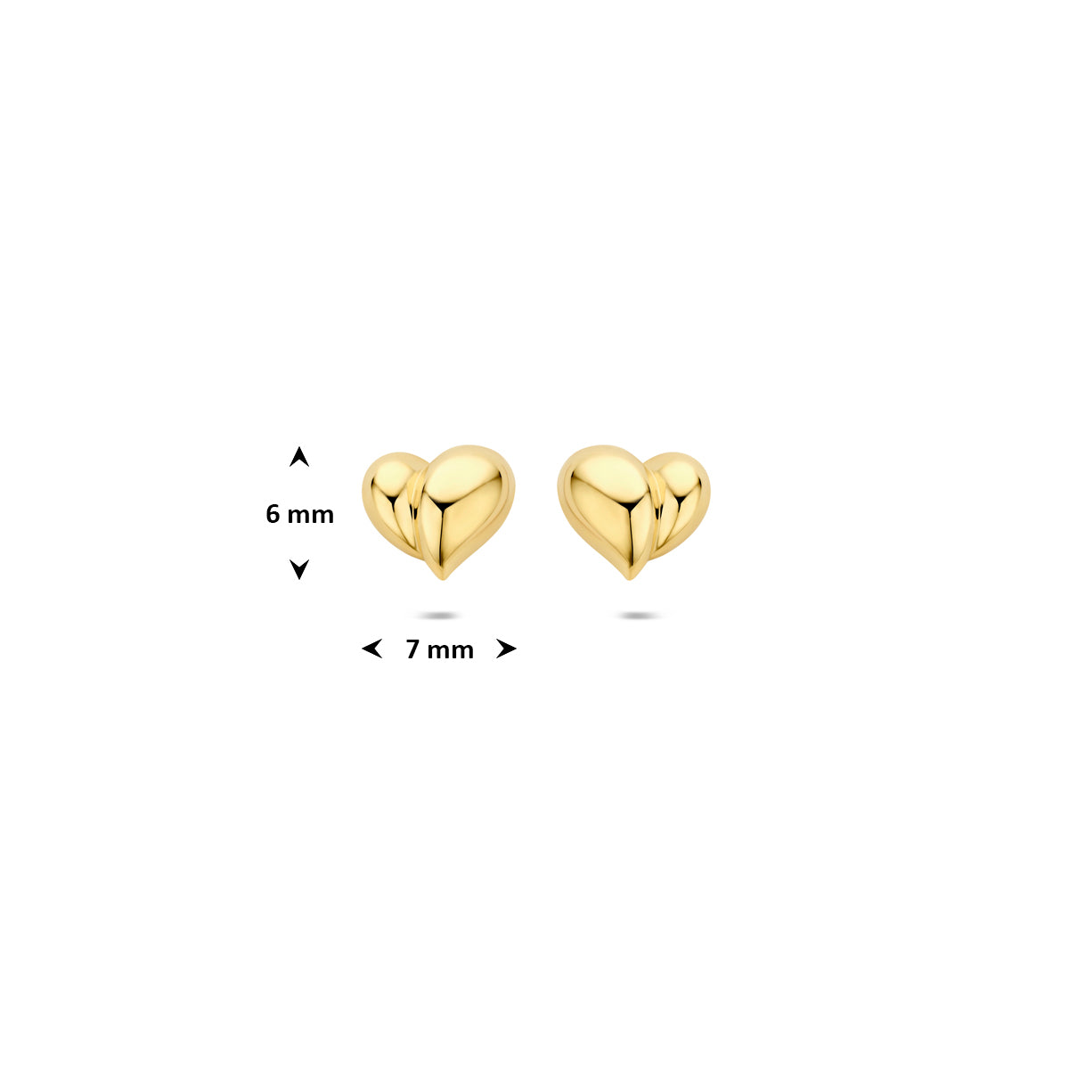 Vooraanzicht van de gouden oorknopjes met maatvoering in millimeters.