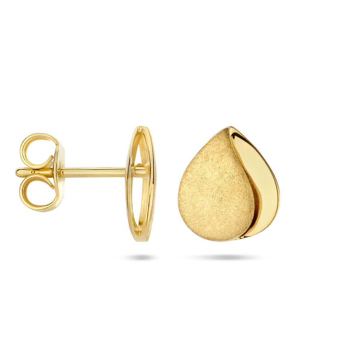 Detailopname van de 'Contour' oorknoppen die het contrast tussen mat en glans tonen.