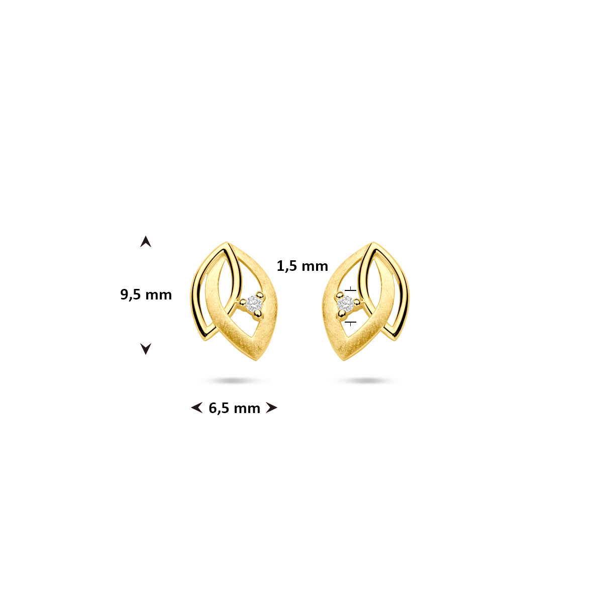 Technische afbeelding van de 'Laurel' oorknoppen met de afmetingen (9.5 x 6.5 mm).