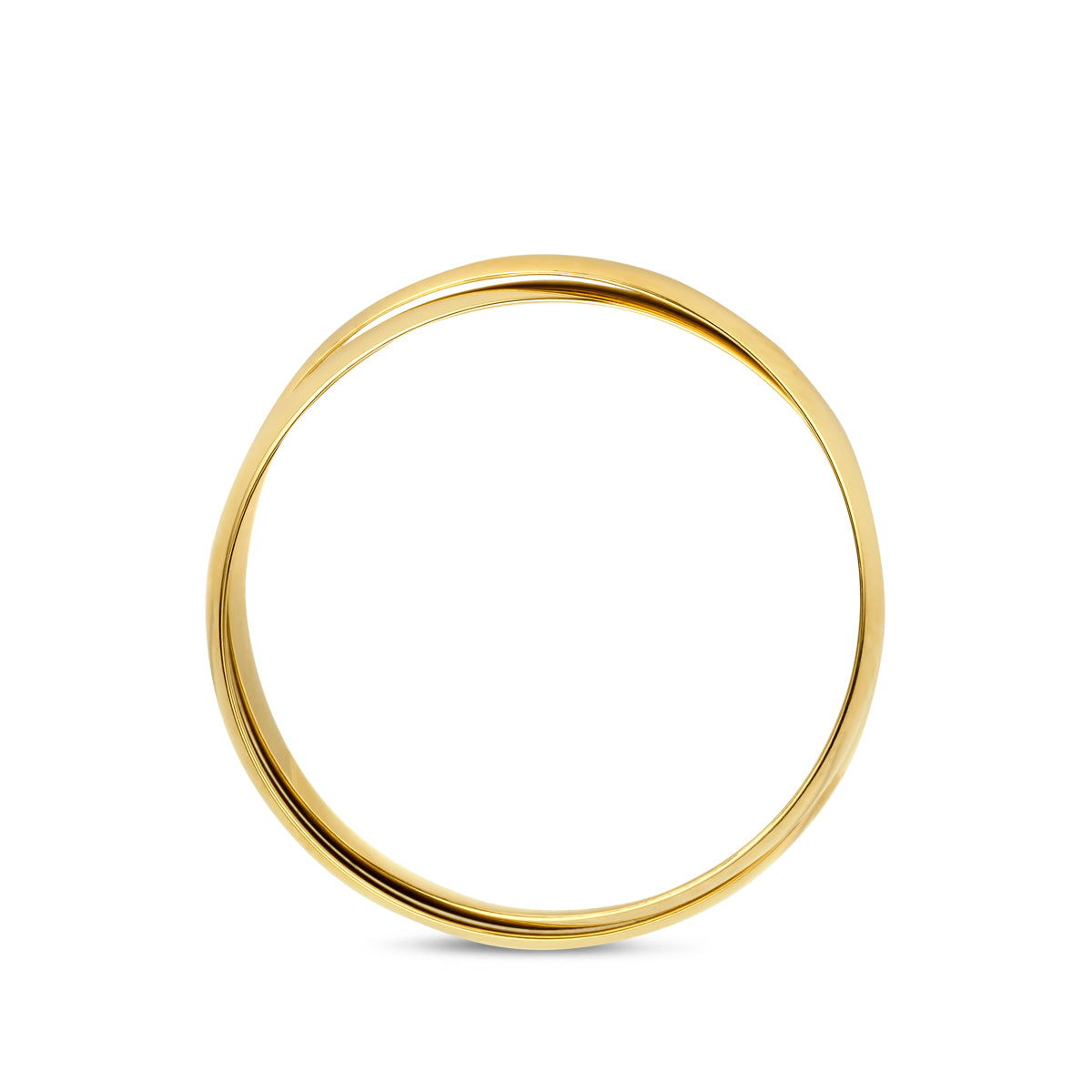 Zijaanzicht van de gepolijste afwerking van de twee gouden ringbanden.