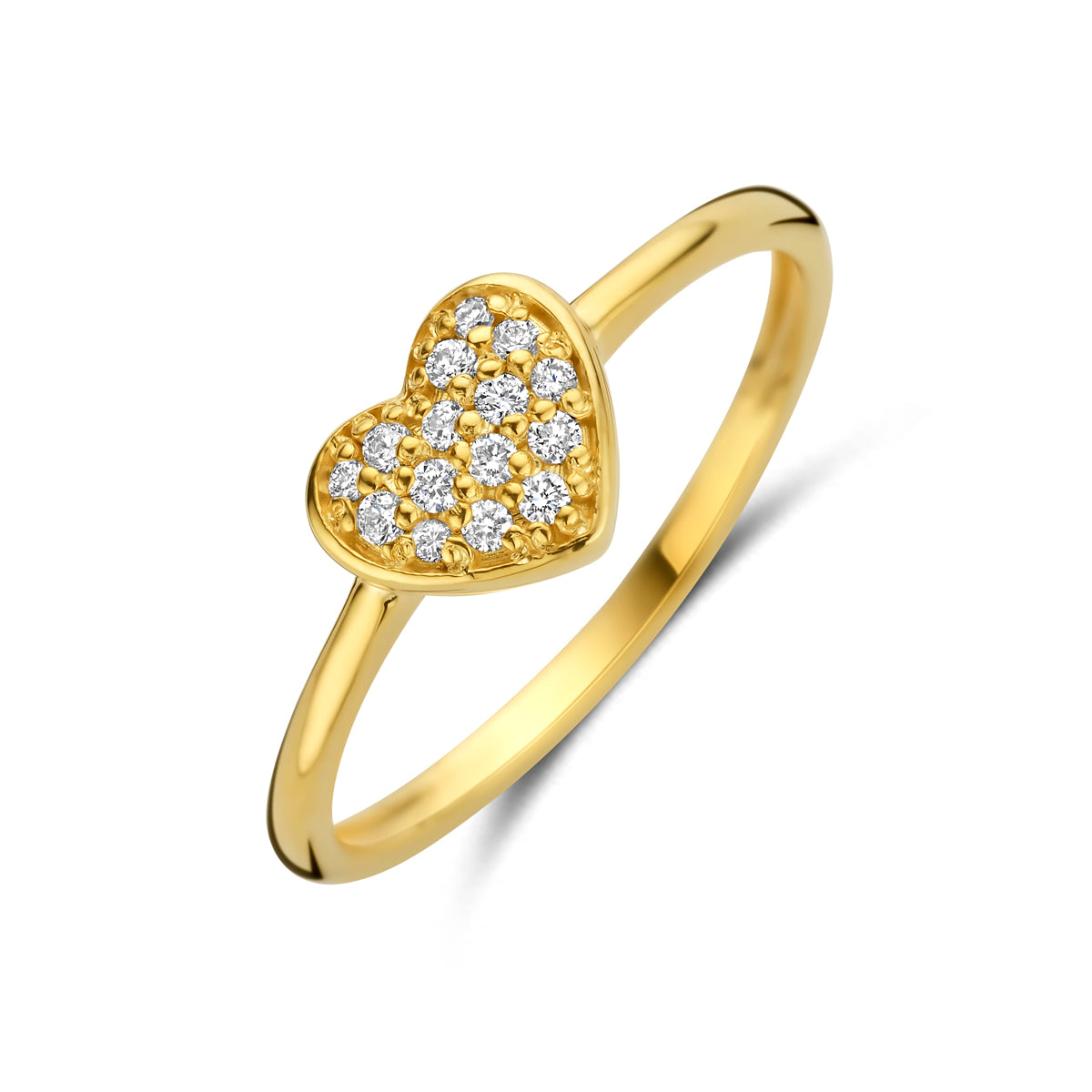 Schuin vooraanzicht van de 'Aimée' 14 karaat gouden ring met diamanten hart.