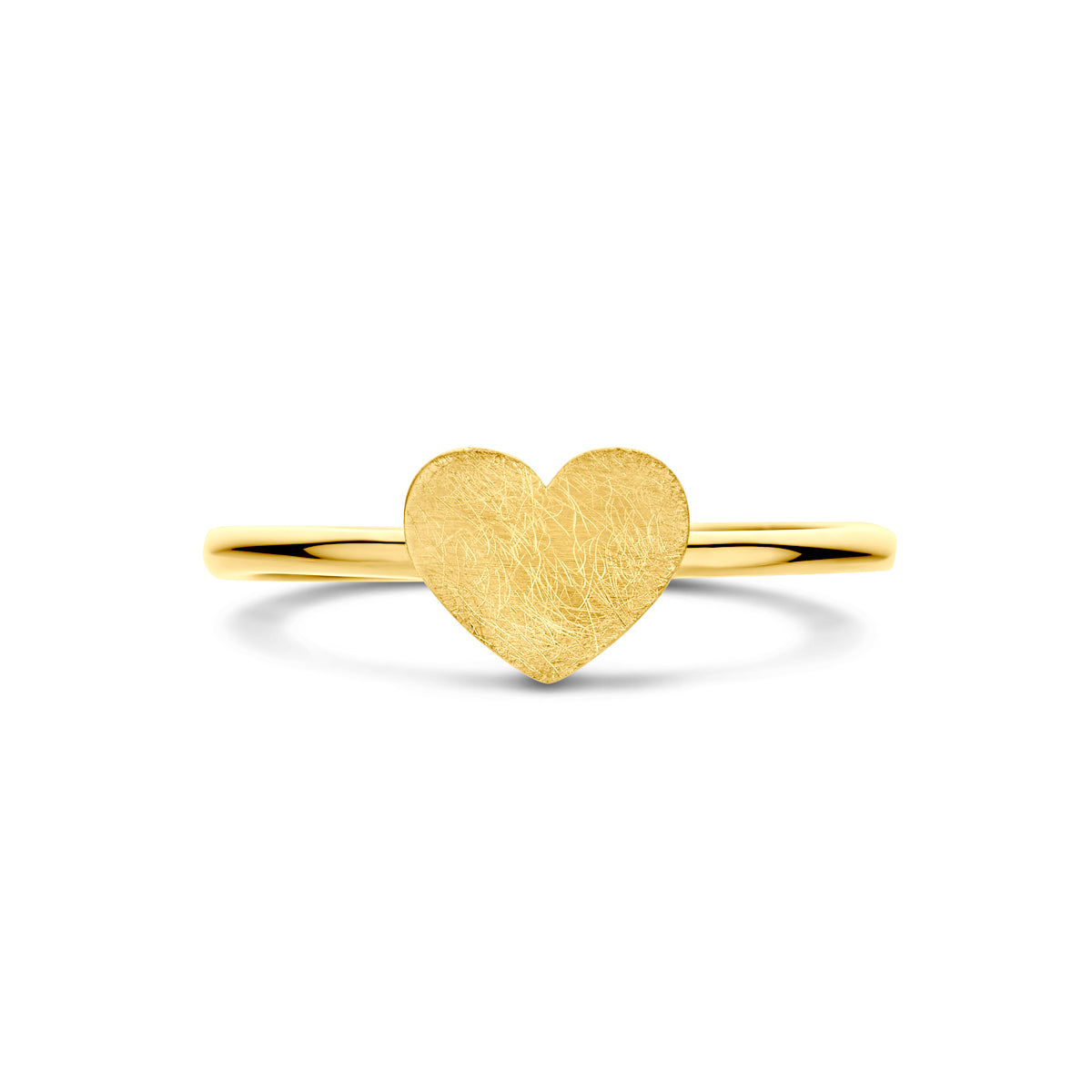 Bovenaanzicht van de ring, focus op de matte structuur van het hart.