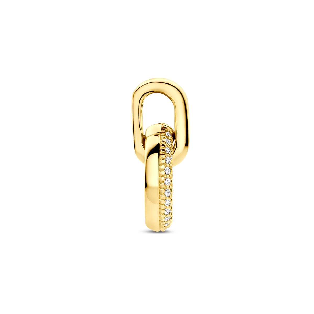Zijaanzicht van de 'Halo' gouden hanger toont de diepte van de pavé diamanten zetting in 14k goud.