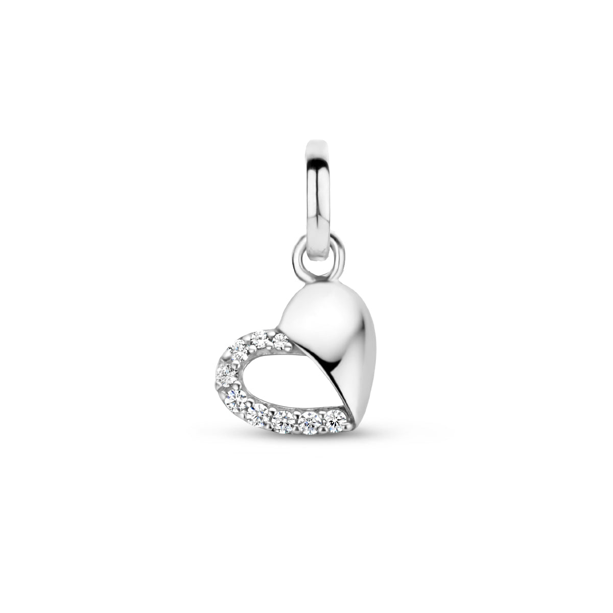 Vooraanzicht van de zilveren hanger Isa met deels glad en deels zirkonia oppervlak.