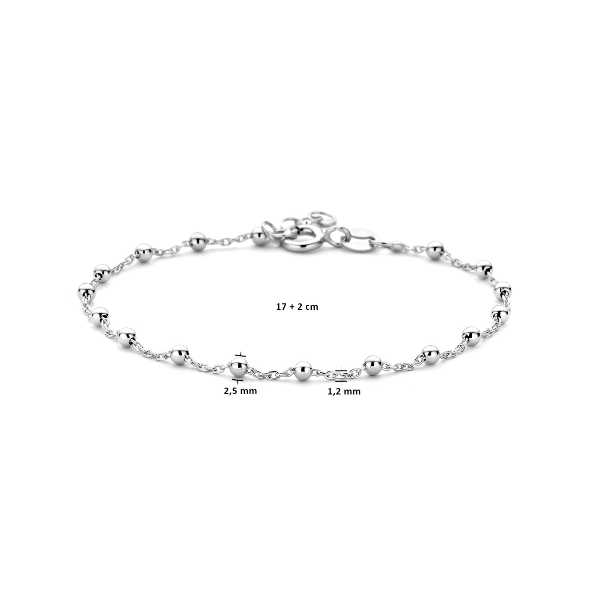 Productafbeelding van de 'Juno' armband met technische weergave van de 2,5 mm bolletjesbreedte en de verstelbare lengte.