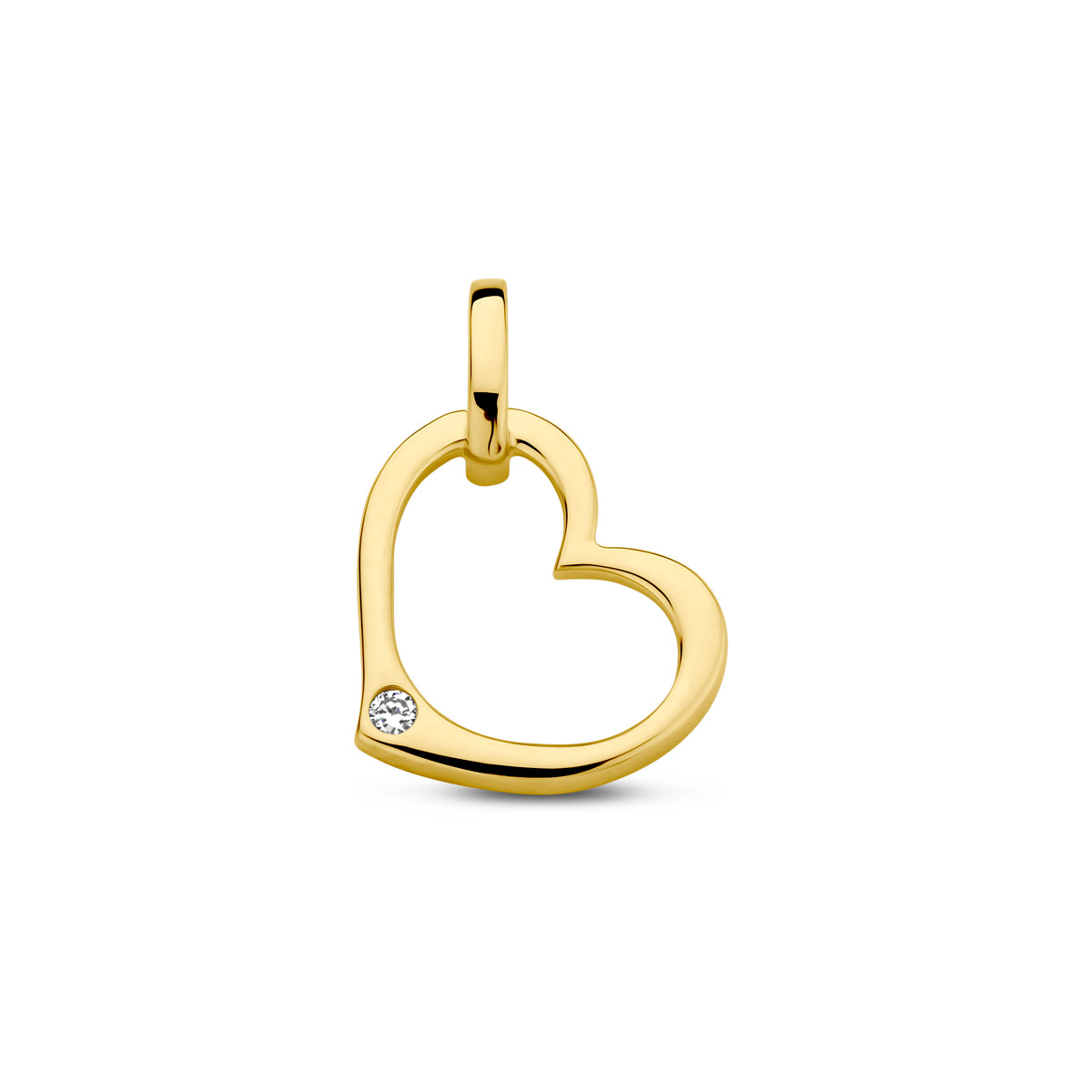 Vooraanzicht van de 14k gouden hanger Lise met asymmetrisch hart en diamant.