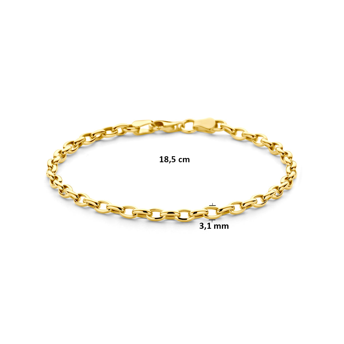 Technische foto met de maten van de 'Giulia' armband: 18,5 cm lang en een breedte van 3,1 mm.