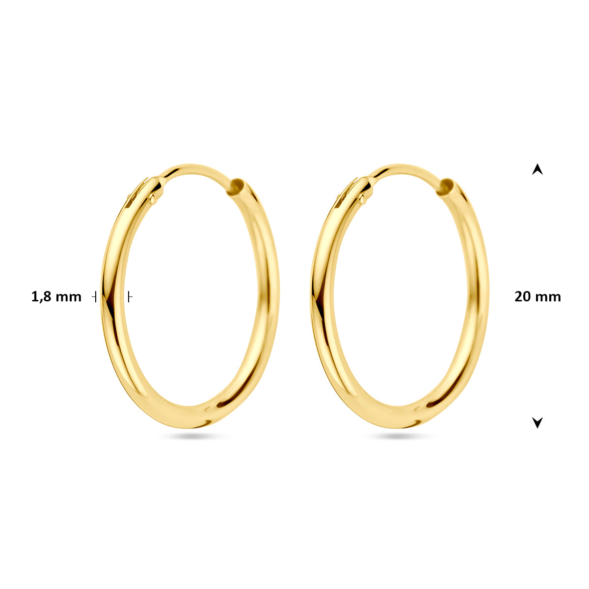 Technische tekening (vooraanzicht) die de diameter van 20 millimeter van de gouden oorring bevestigt.