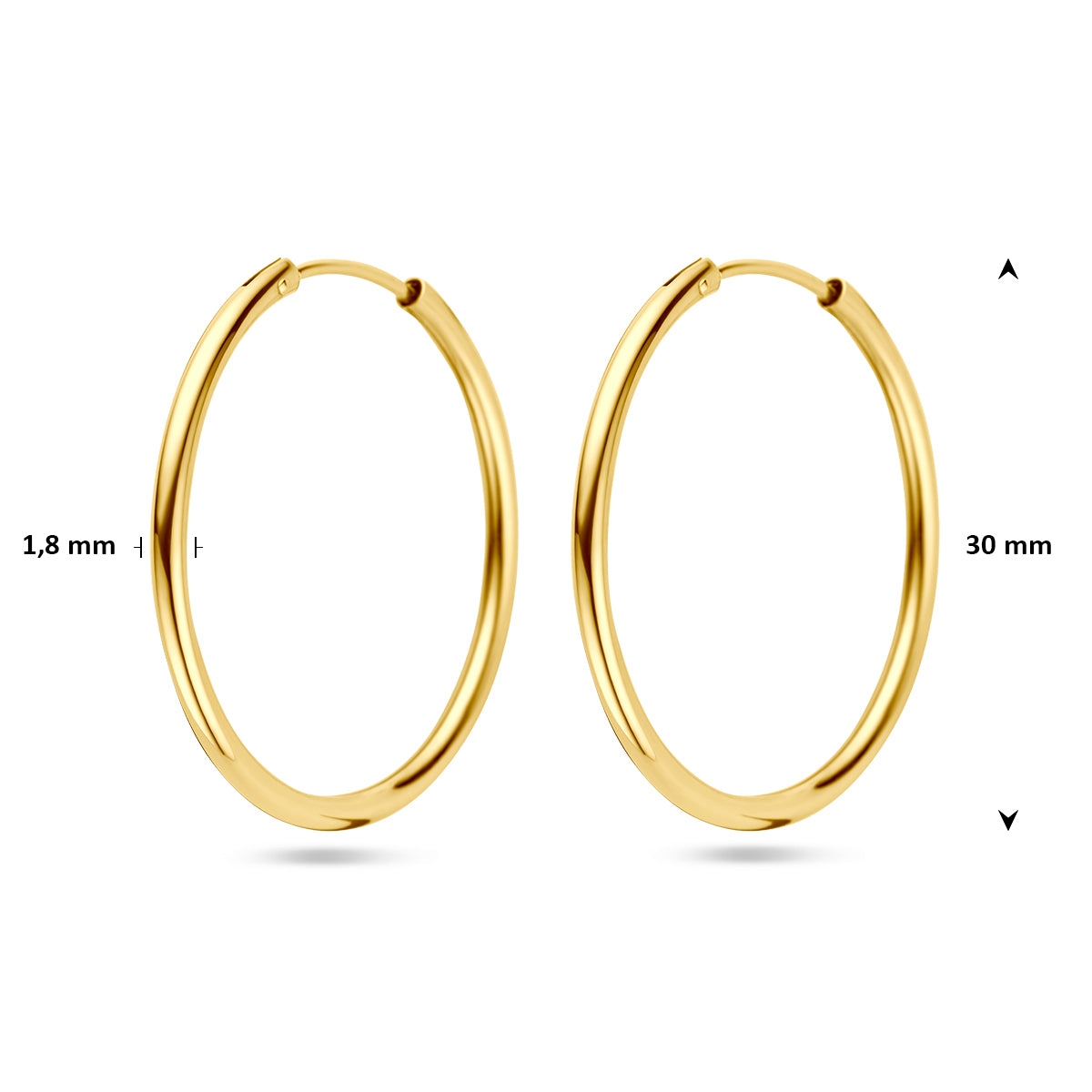 Technische tekening (vooraanzicht) die de diameter van 30 millimeter van de gouden oorring bevestigt.