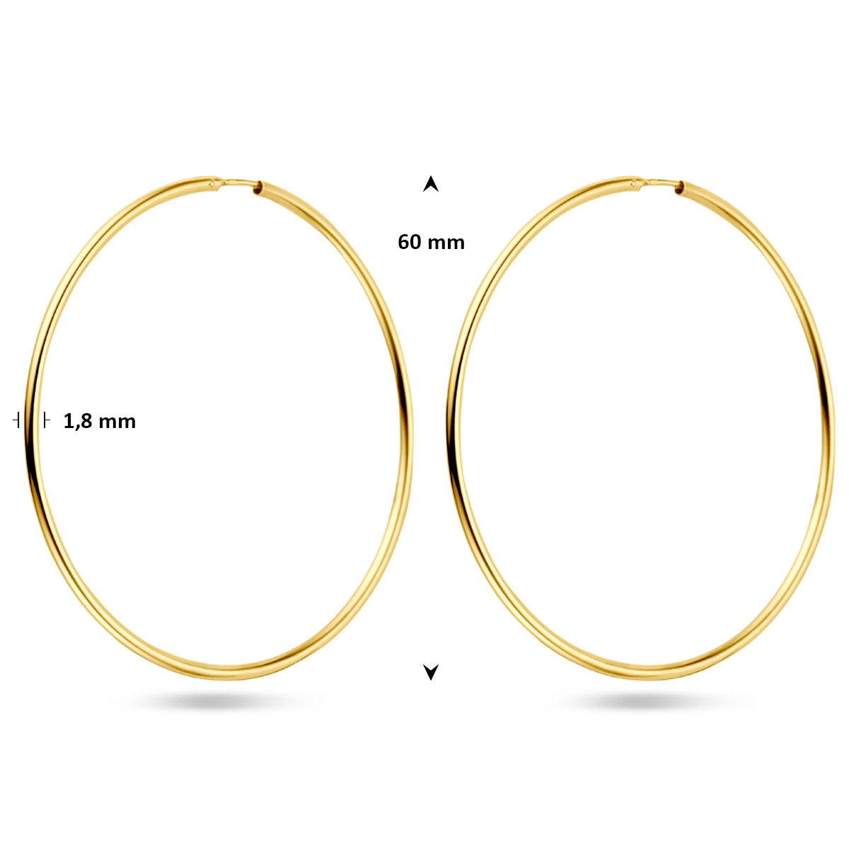 Technische tekening (vooraanzicht) die de royale diameter van 60 millimeter van de gouden oorring bevestigt.