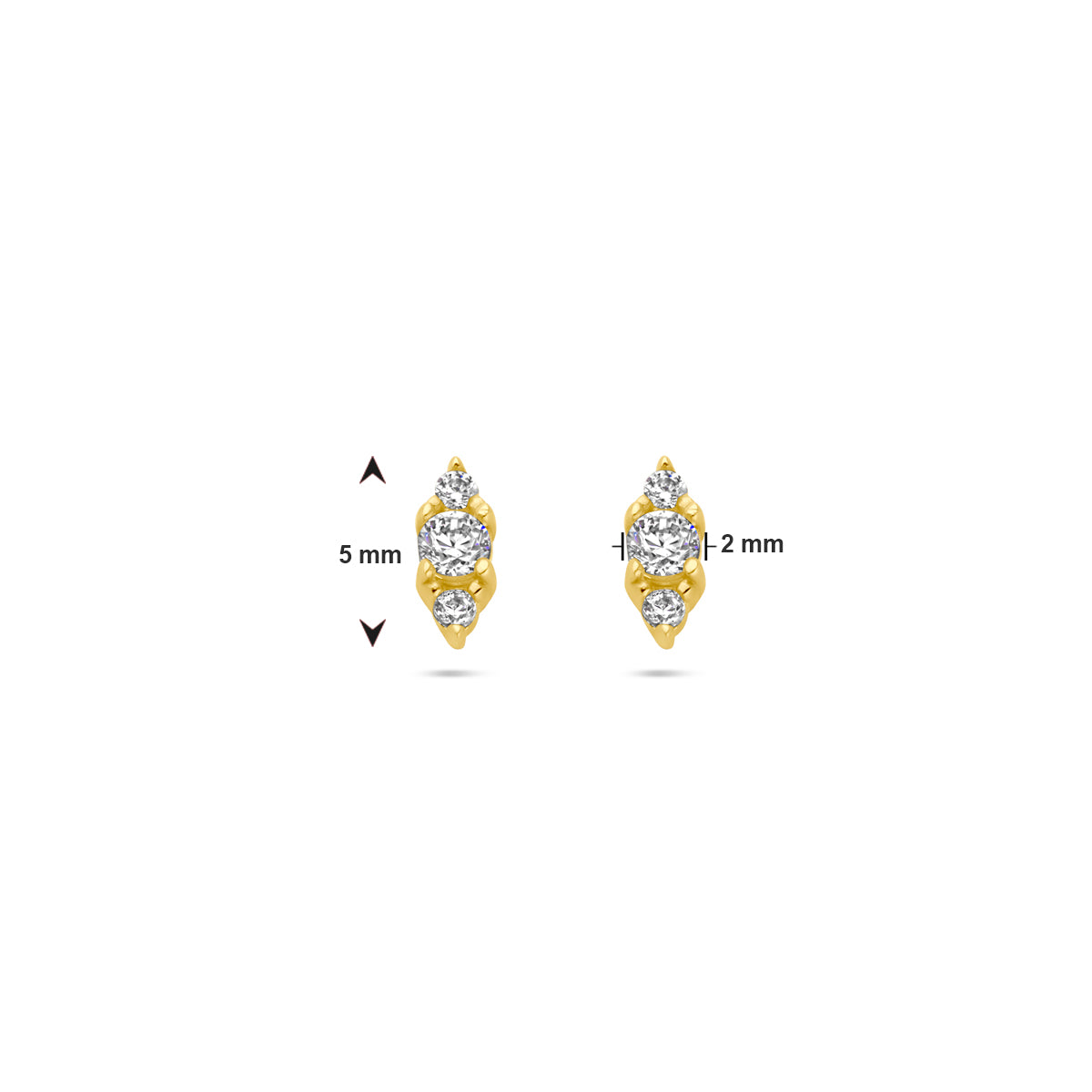 Afbeelding van de gouden oorknopjes Aria met de maatvoering van 5 mm hoogte en 2 mm breedte.