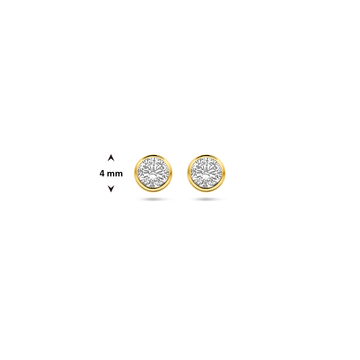 Afbeelding van de gouden oorknopjes met de maatvoering van 4 millimeter diameter.