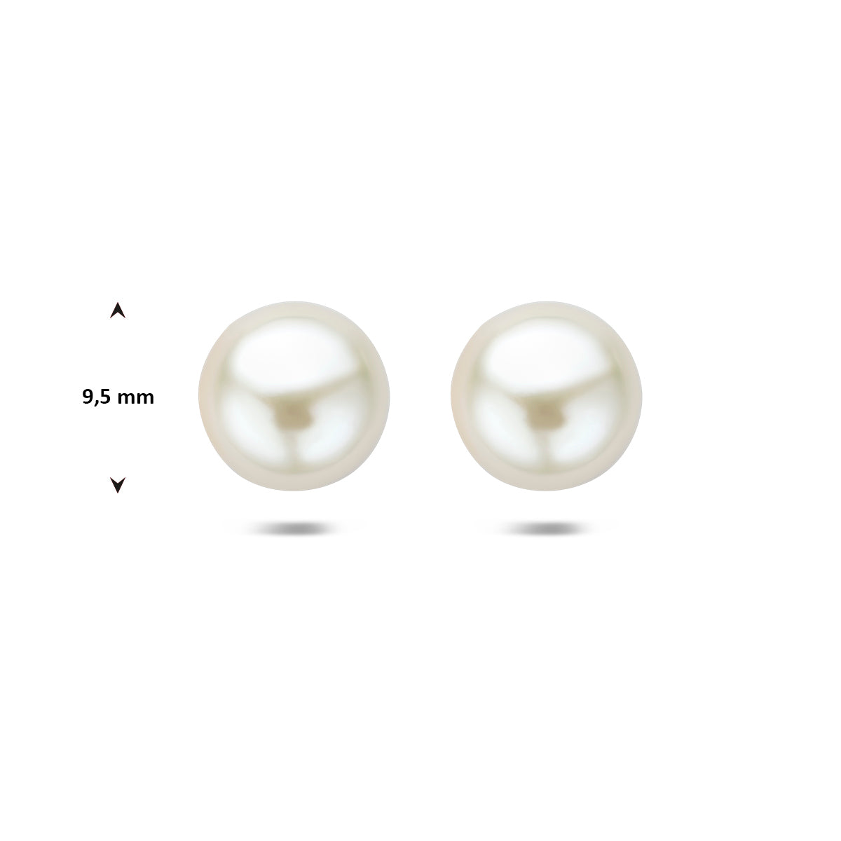 Technische tekening die de diameter van 9,5 millimeter van de parel oorknop bevestigt.