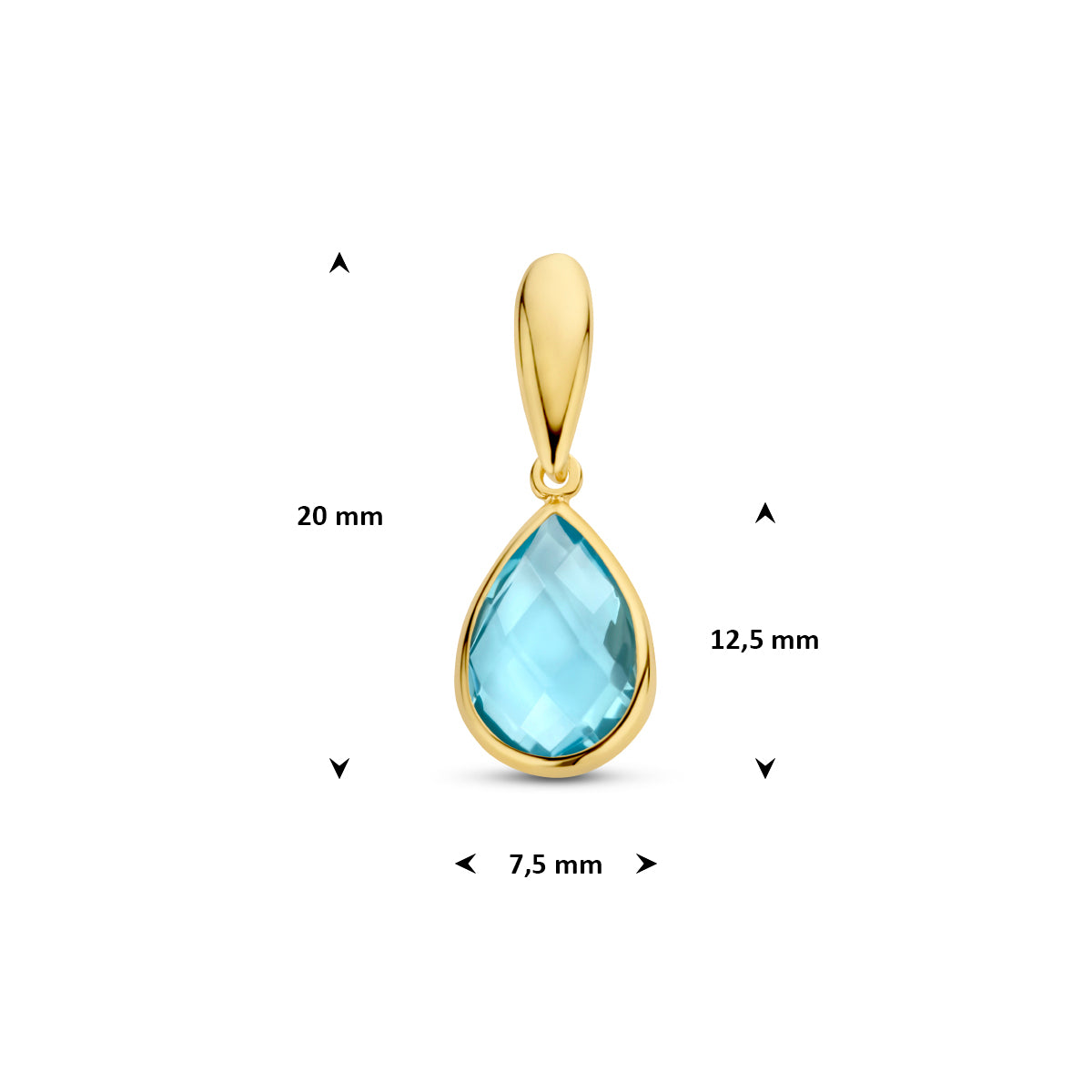 Technische foto met de maten van de 'Gioia' hanger: steenhoogte 12,5 mm en 7,5 mm breed.