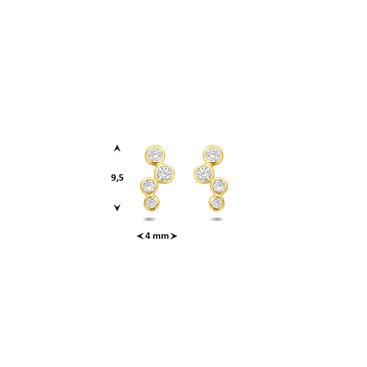 Afbeelding van de gouden oorknopjes Elara met de maatvoering van 9,5 mm lengte.