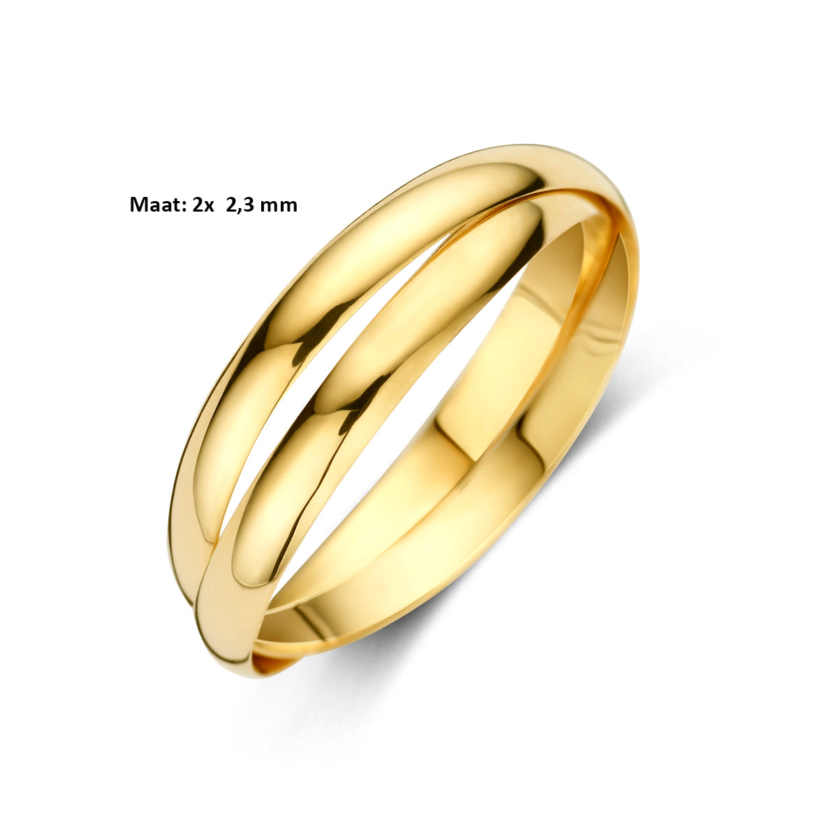 Afbeelding van de gouden ring met de maatvoering van 2x 2,3 millimeter breedte.