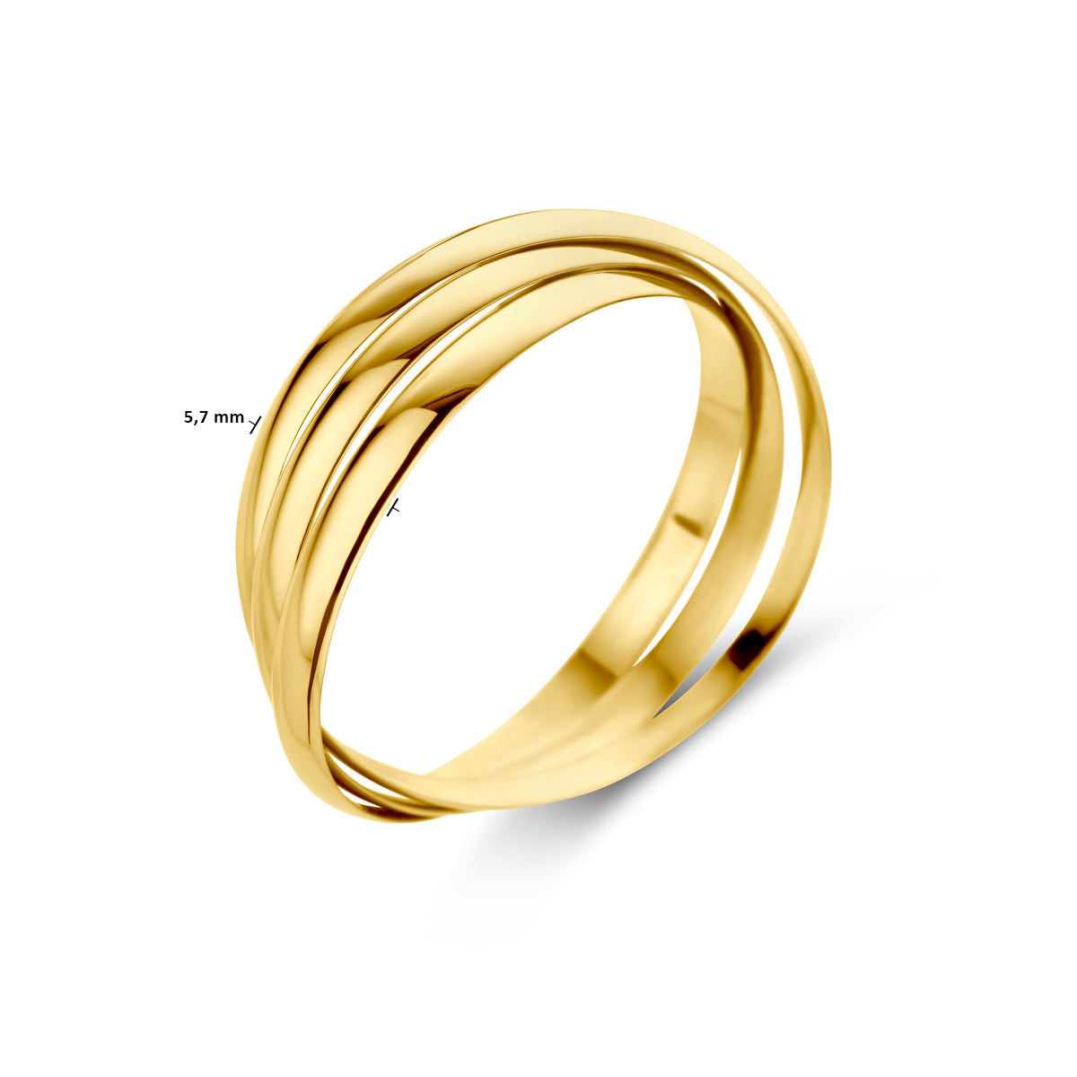 Bovenzijaanzicht van de gouden Trinity ring met de maatvoering van 3x 1,9 millimeter.