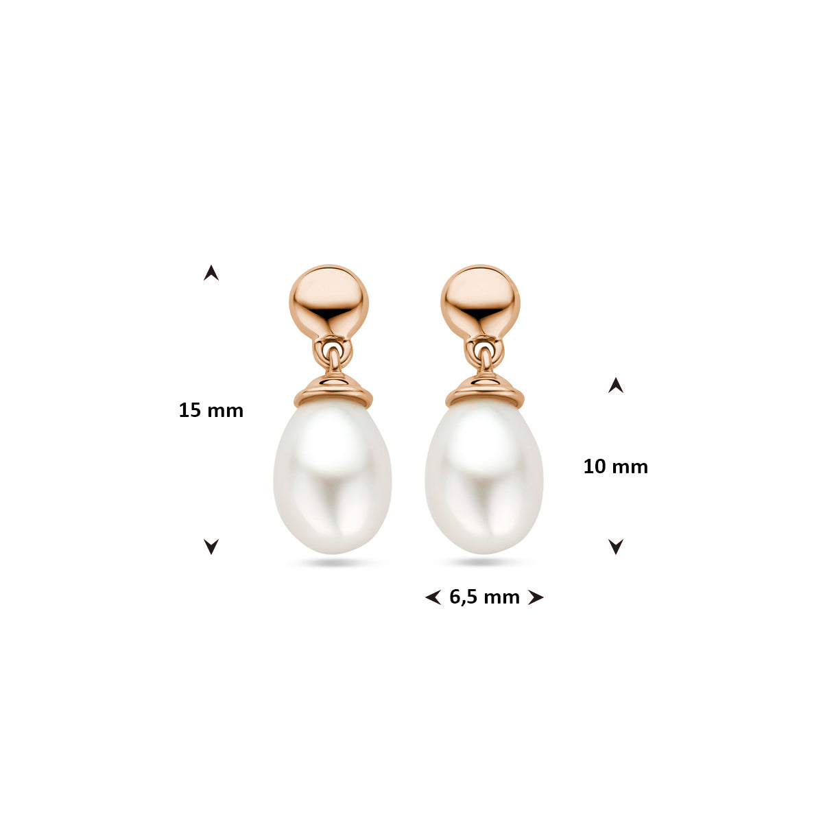 Afbeelding van de rosegouden oorhangers Mare met de maatvoering van 15 mm hoogte.