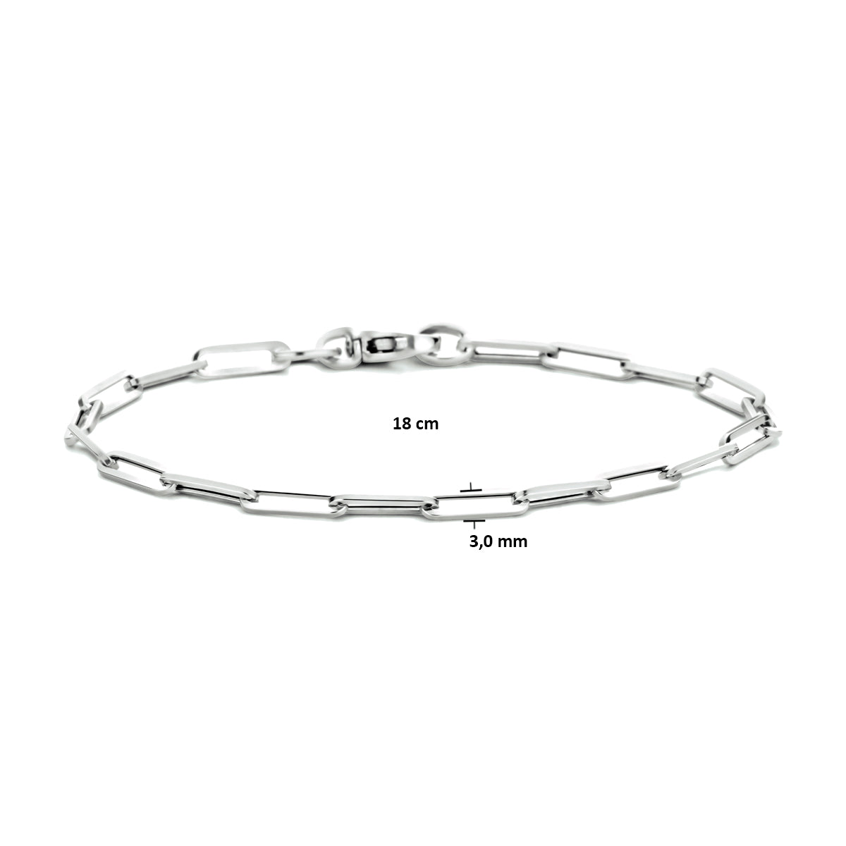Technische tekening die de breedte van 3 millimeter en de lengte van 18 centimeter van de witgouden armband bevestigt.