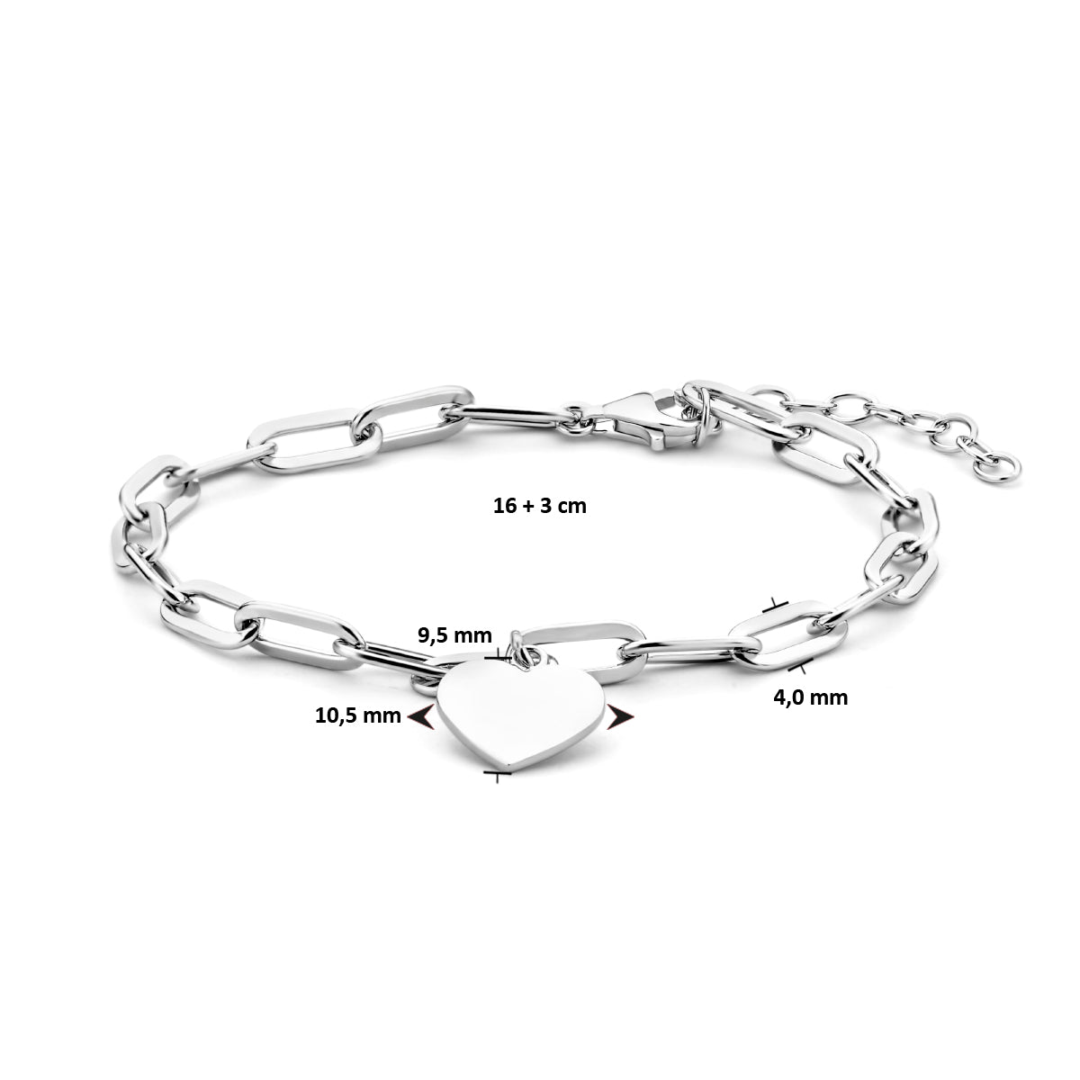 Vooraanzicht van de armband Nomi met maatvoering in centimeters en millimeters.