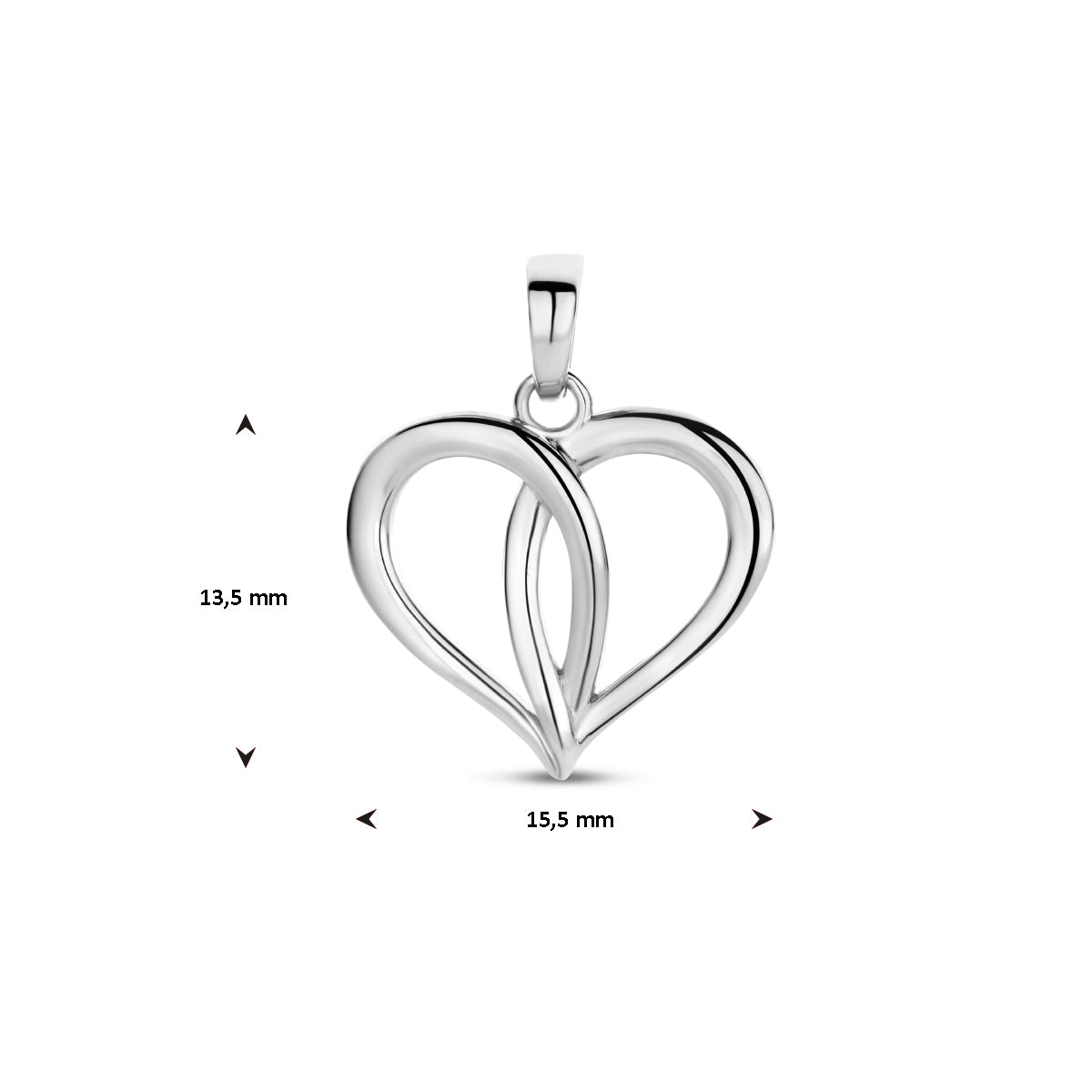 Vooraanzicht van de zilveren hanger Juna met maatvoering in millimeters.